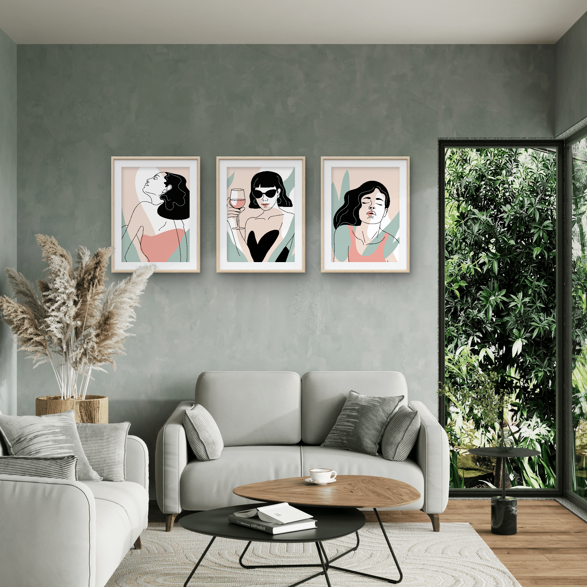 Modern living room with gray sofa, coffee table, and wall art.