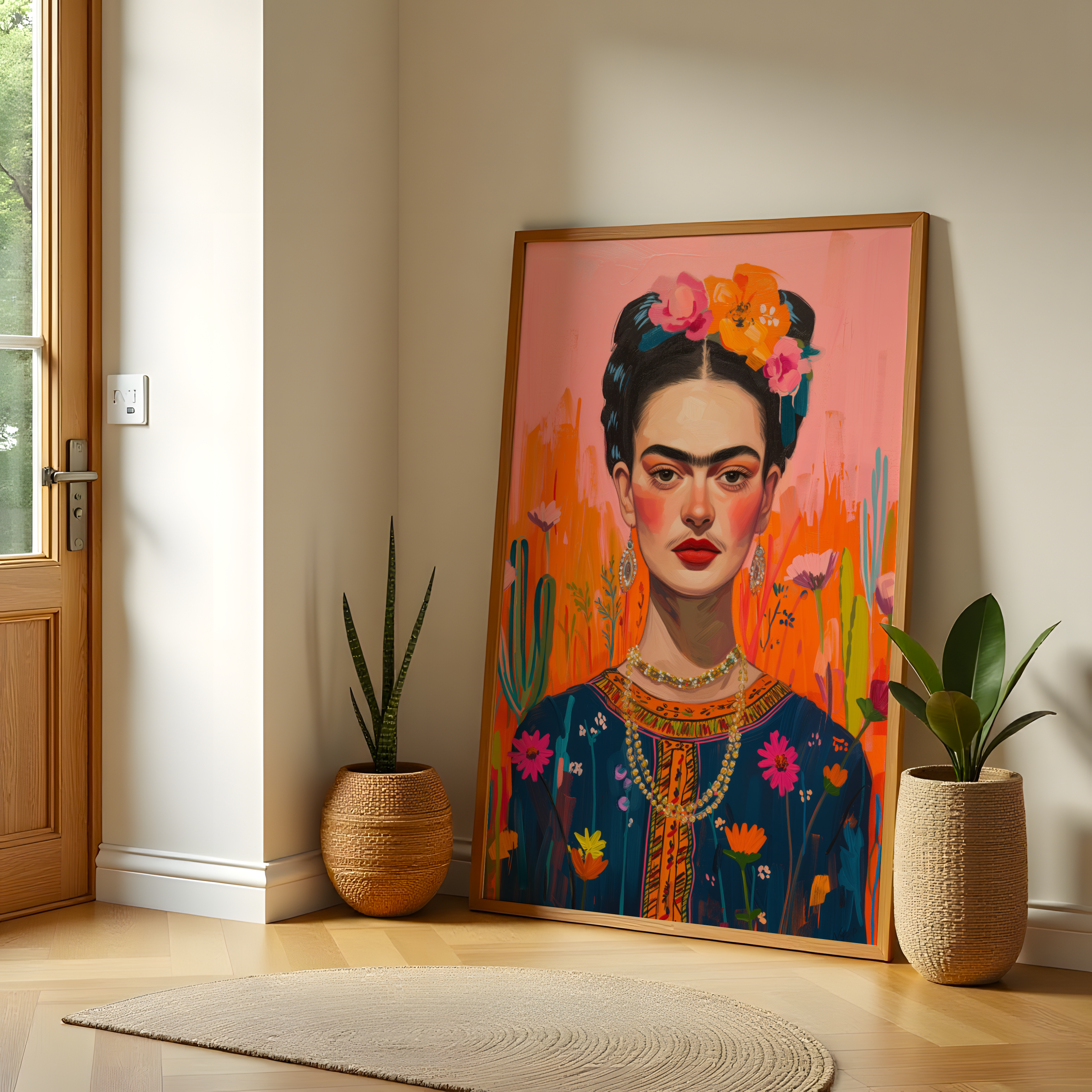 Bold Frida-inspired canvas wall art displayed in a colorful bohemian living room