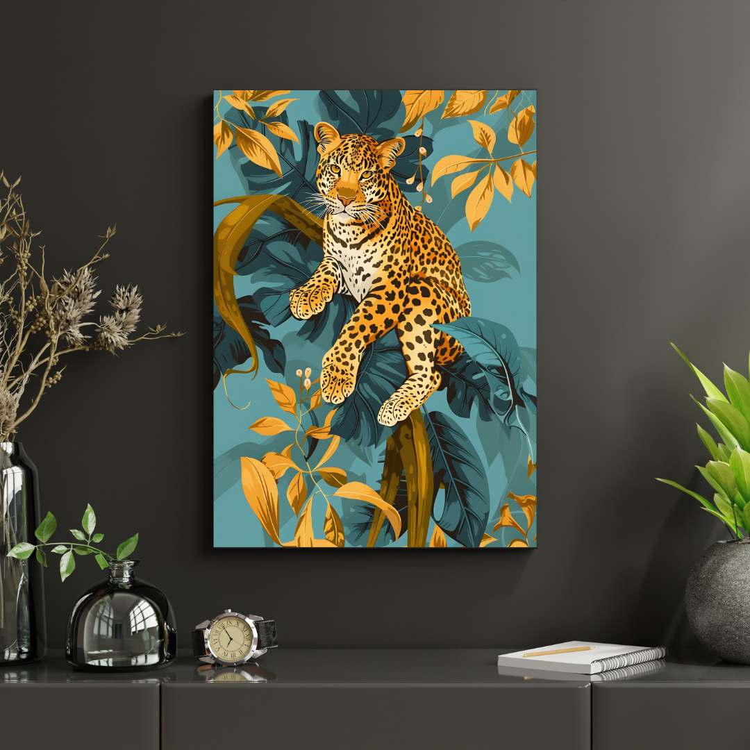 Bold wall art featuring a leopard in a stylized forest background