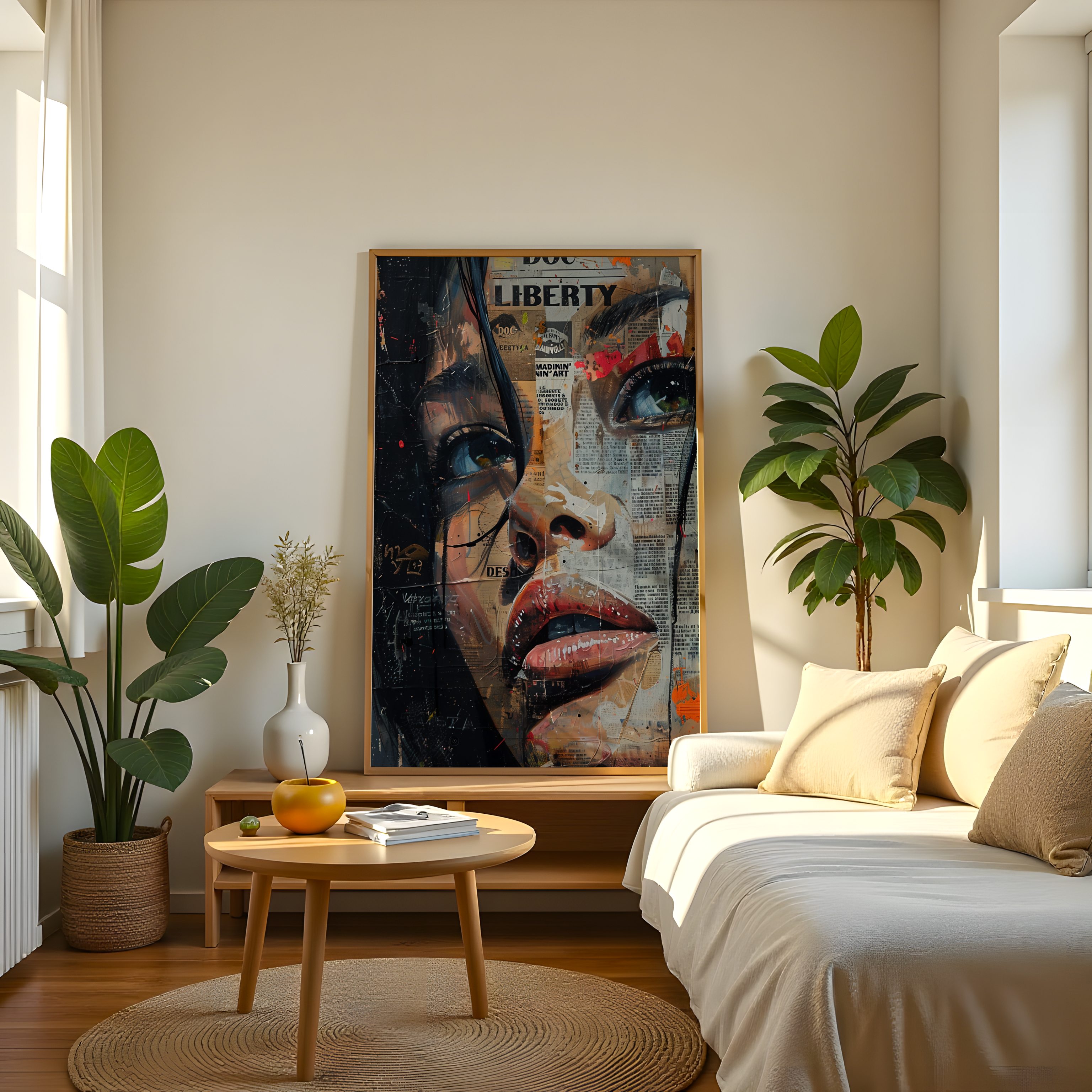 Close-up modern art print of a woman’s face in abstract collage style with expressive brushwork