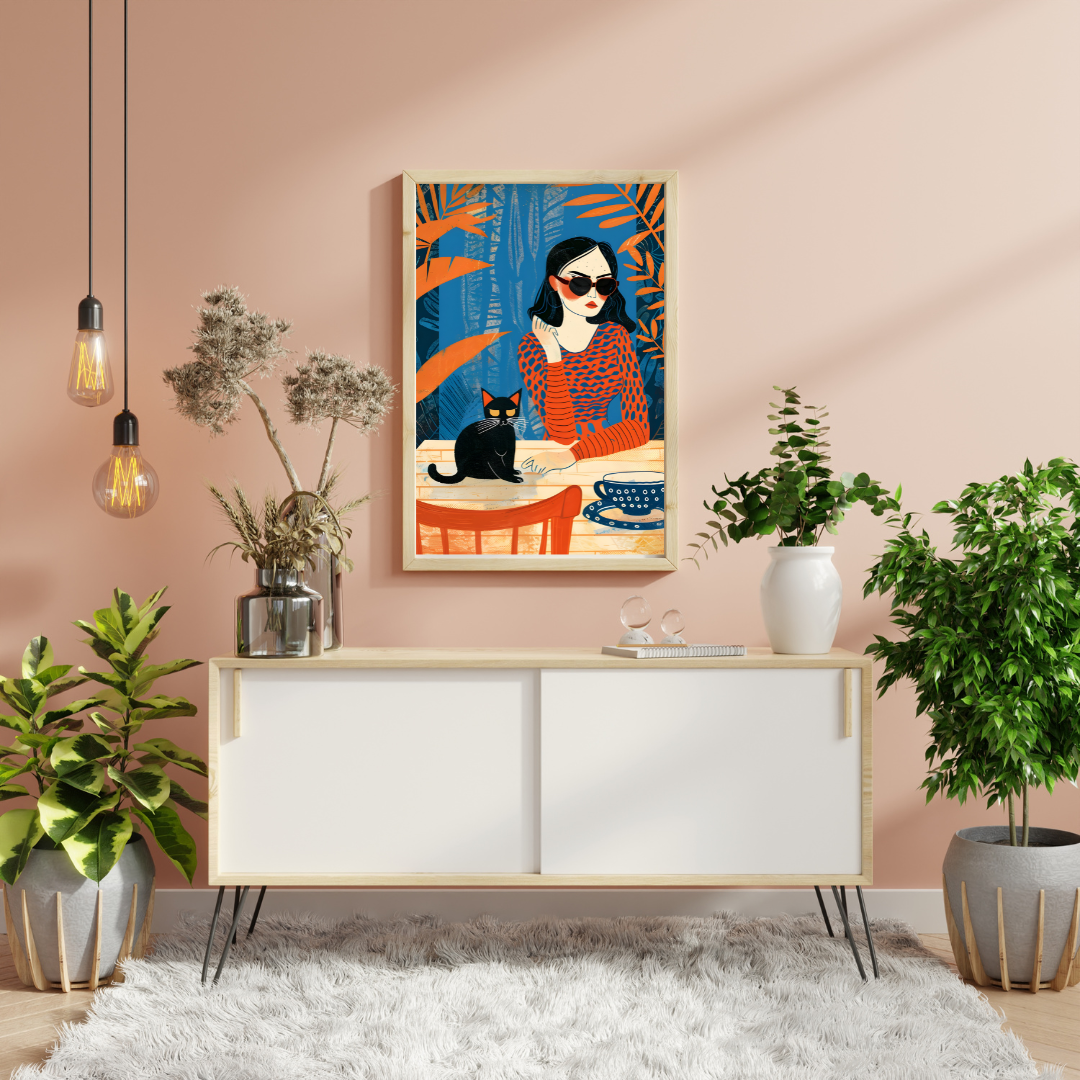 Modern illustrated art with pop colors featuring a woman, cat, and coffee in a café-style setting