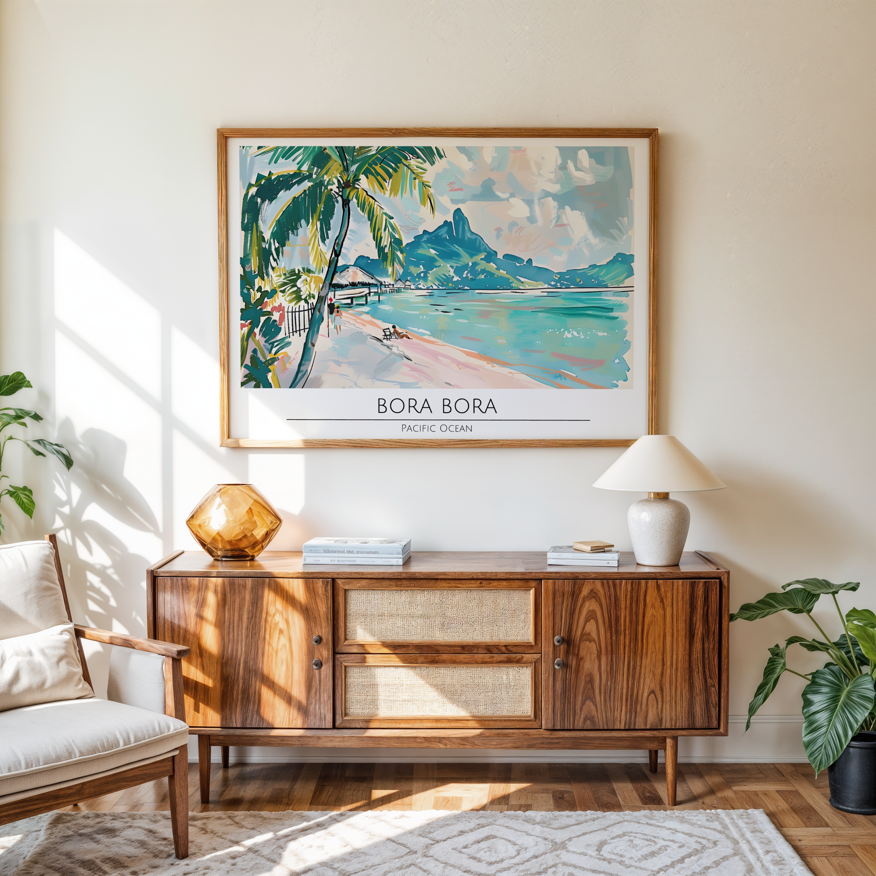 Tropical digital painting of Bora Bora beach with mountains and palm trees