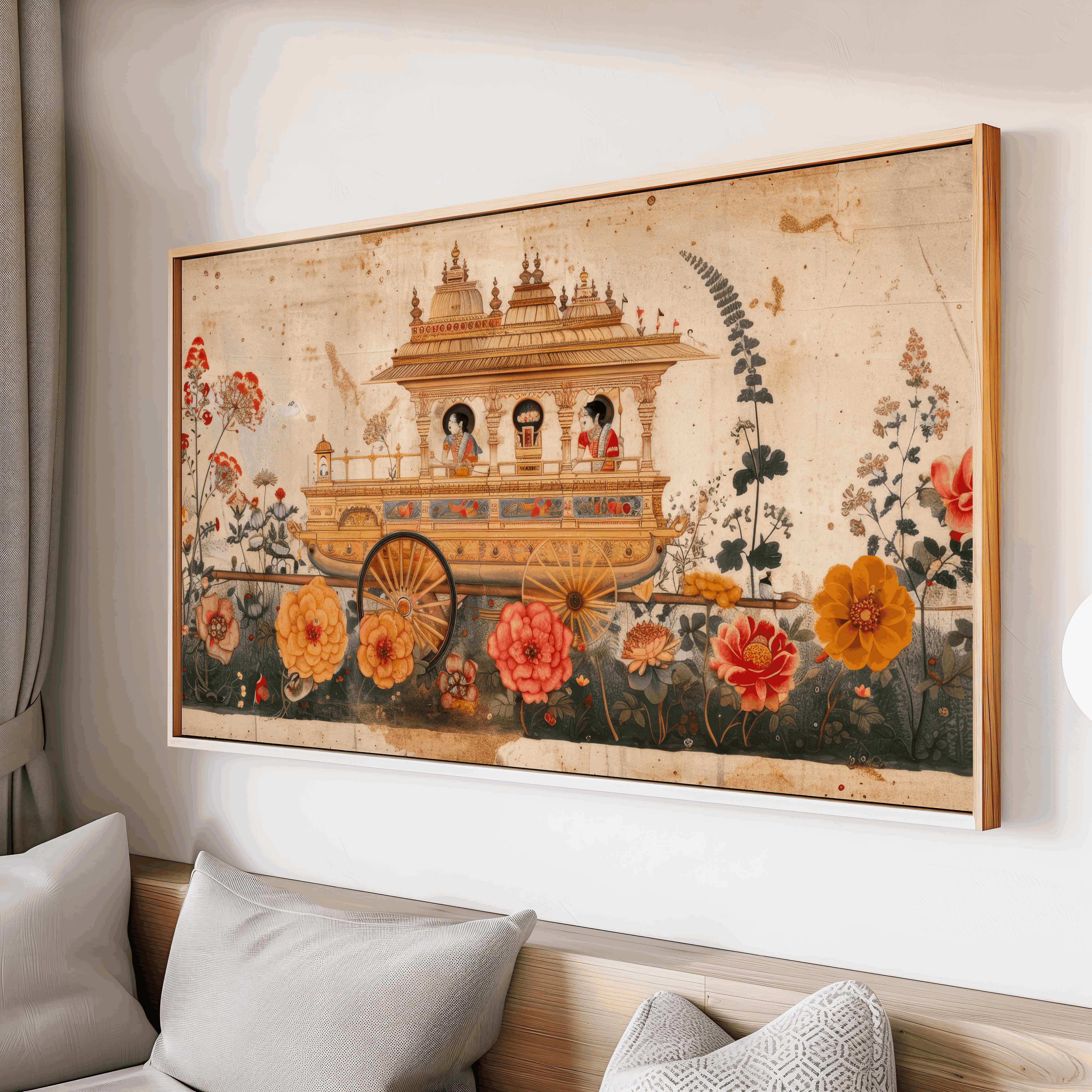 Traditional Indian Rath Yatra chariot surrounded by botanical flowers panoramic artwork