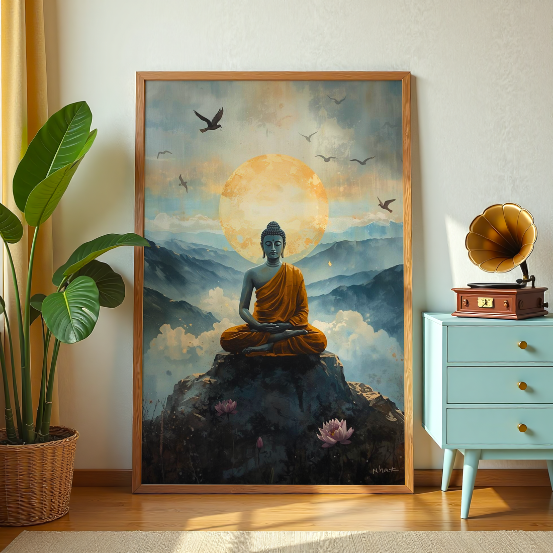 Buddha painting with golden sun, blue mountains and lotus flowers