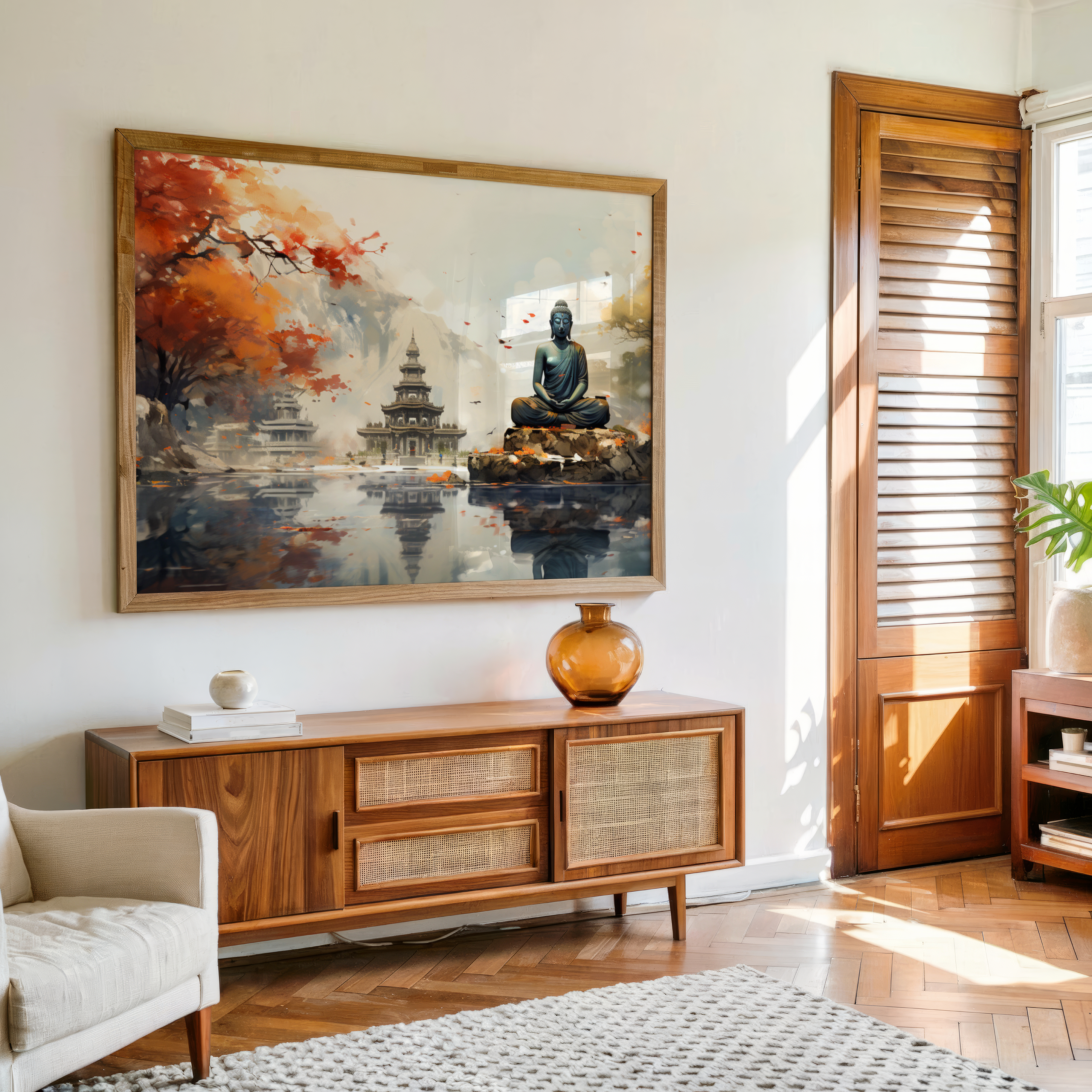 Buddha canvas wall art with temple and autumn trees