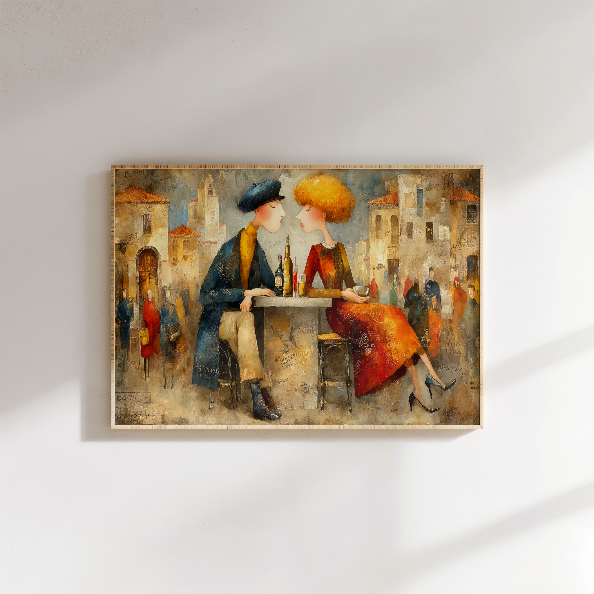 Abstract painting of a romantic couple sitting at a European street café, symbolizing love and intimacy in warm colors.