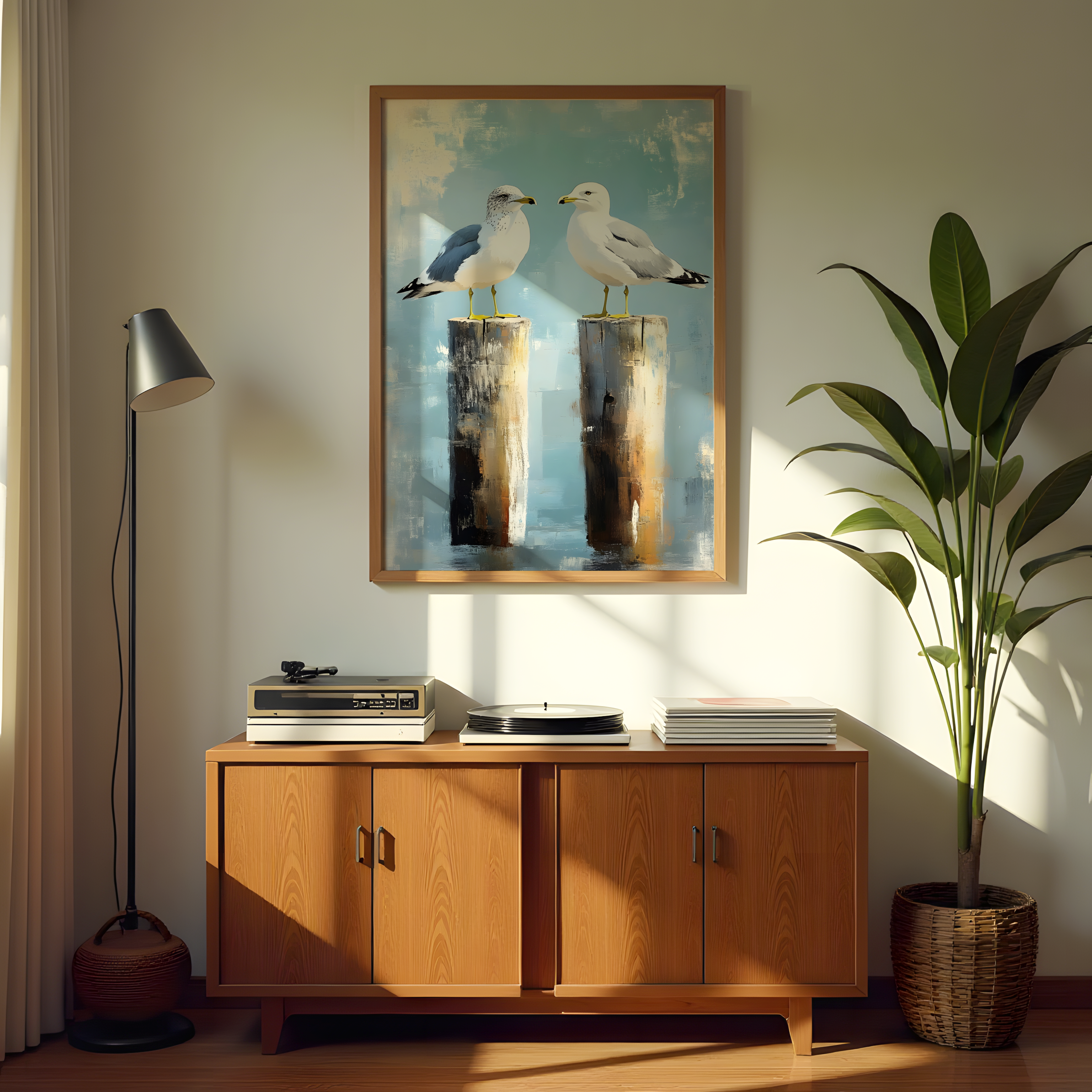 Peaceful seaside bird artwork showing two seagulls on weathered wooden pillars