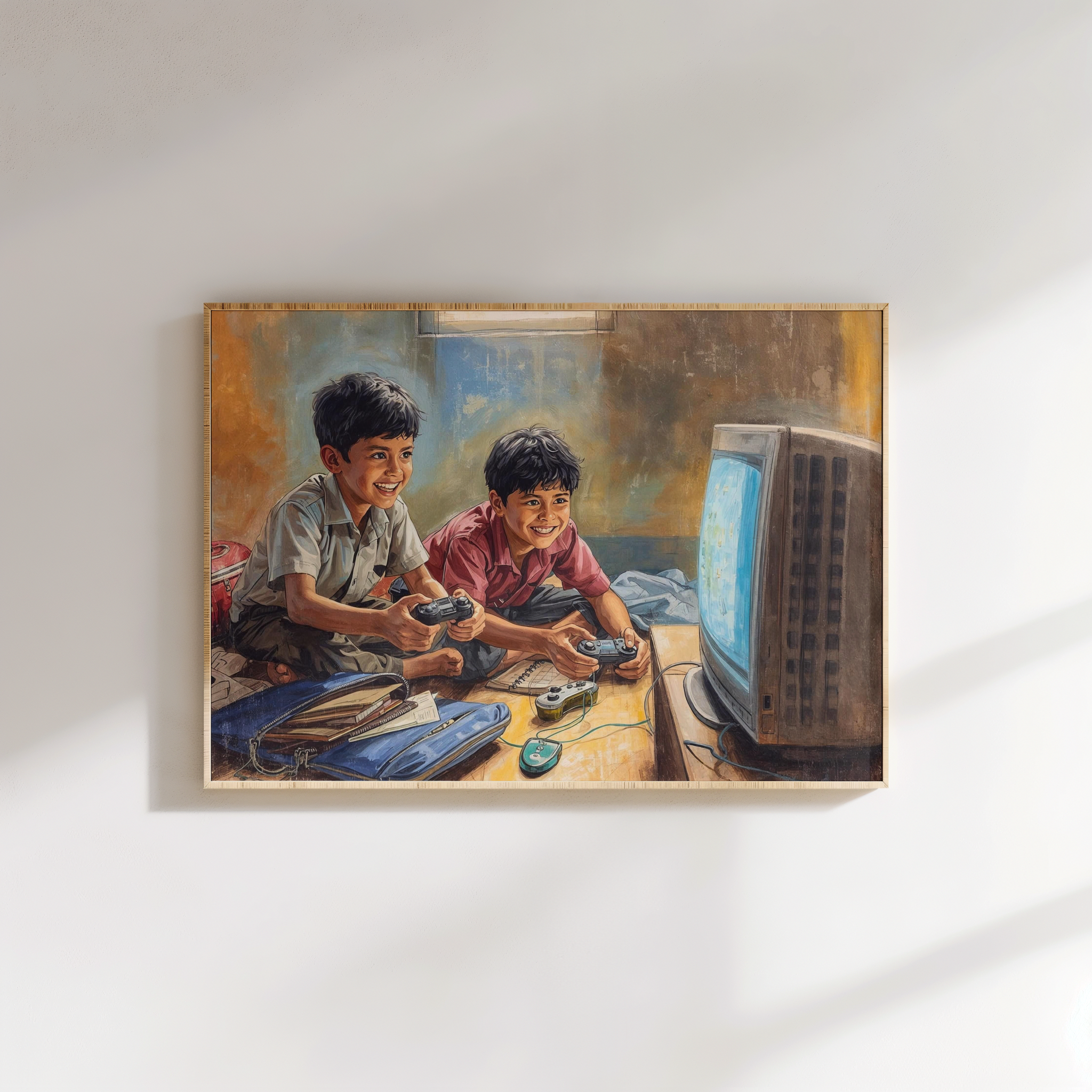 1990s brothers playing video game childhood canvas wall art