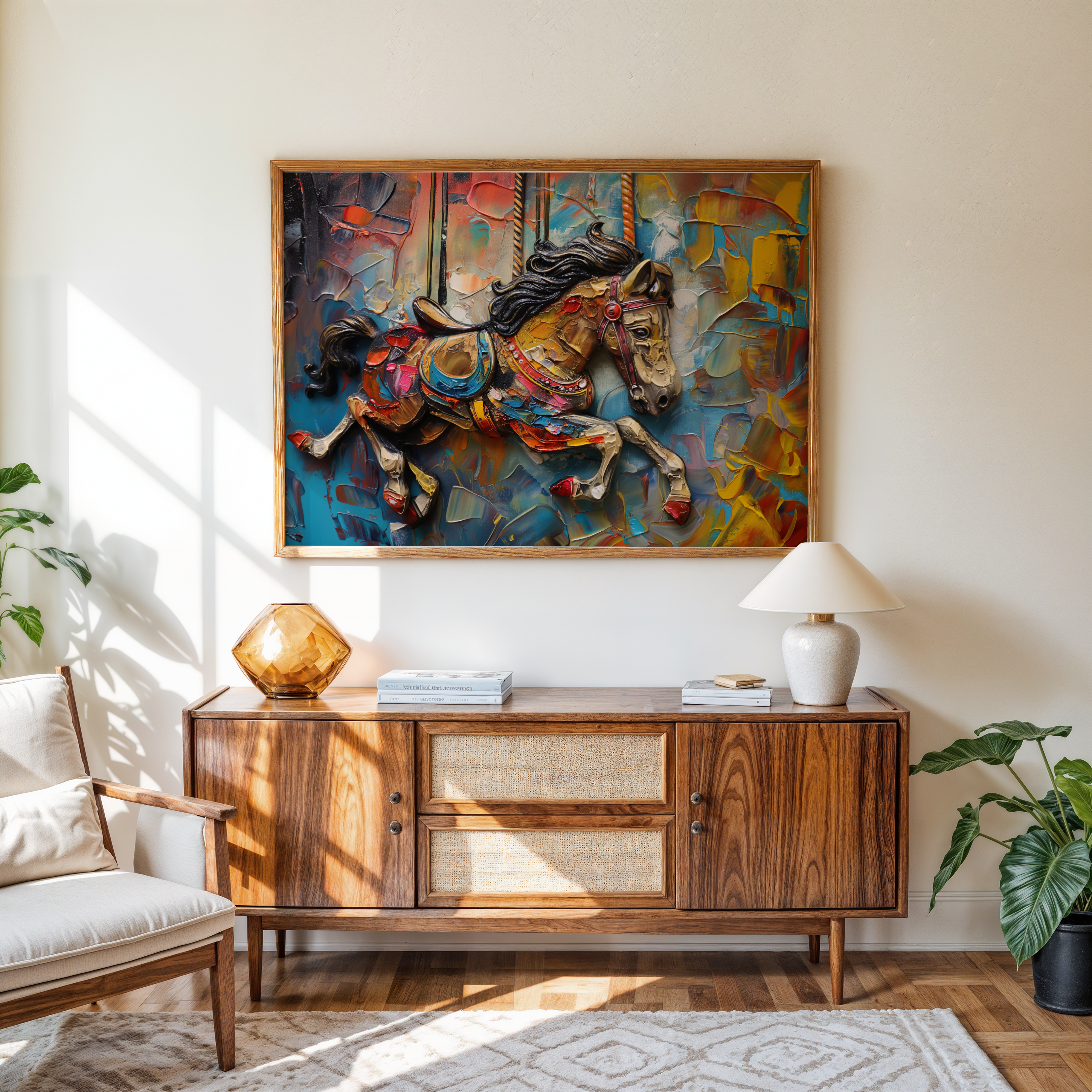 Impasto-style canvas wall art of colorful carousel horse in motion