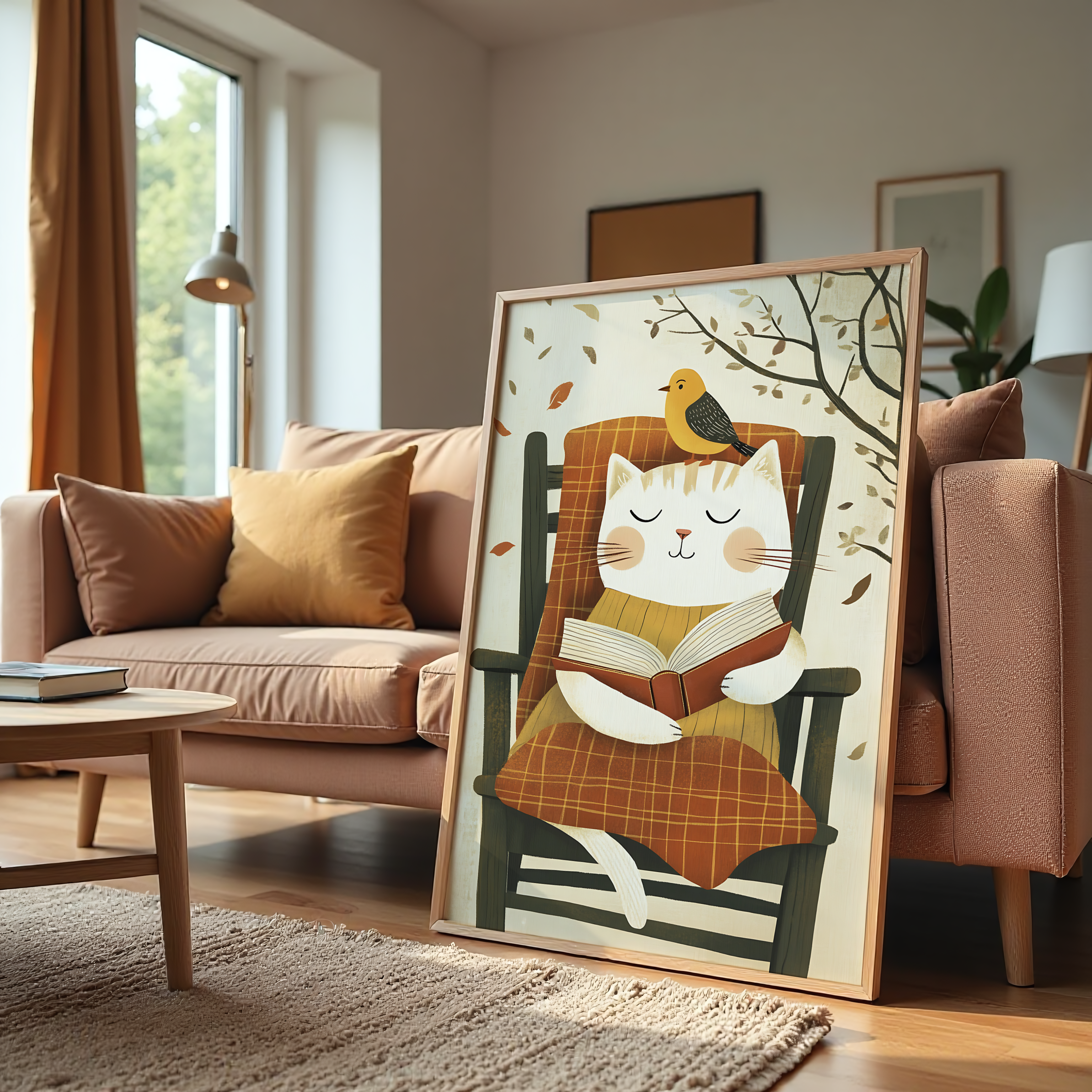 Cute cat reading book on chair with bird autumn canvas wall art