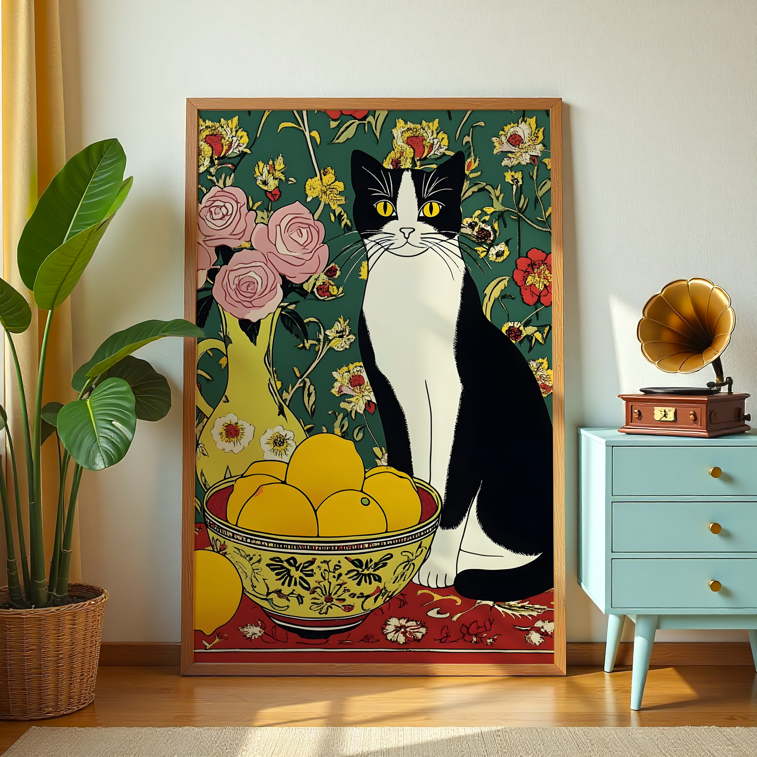 Cat with lemons and flowers decorative canvas wall art