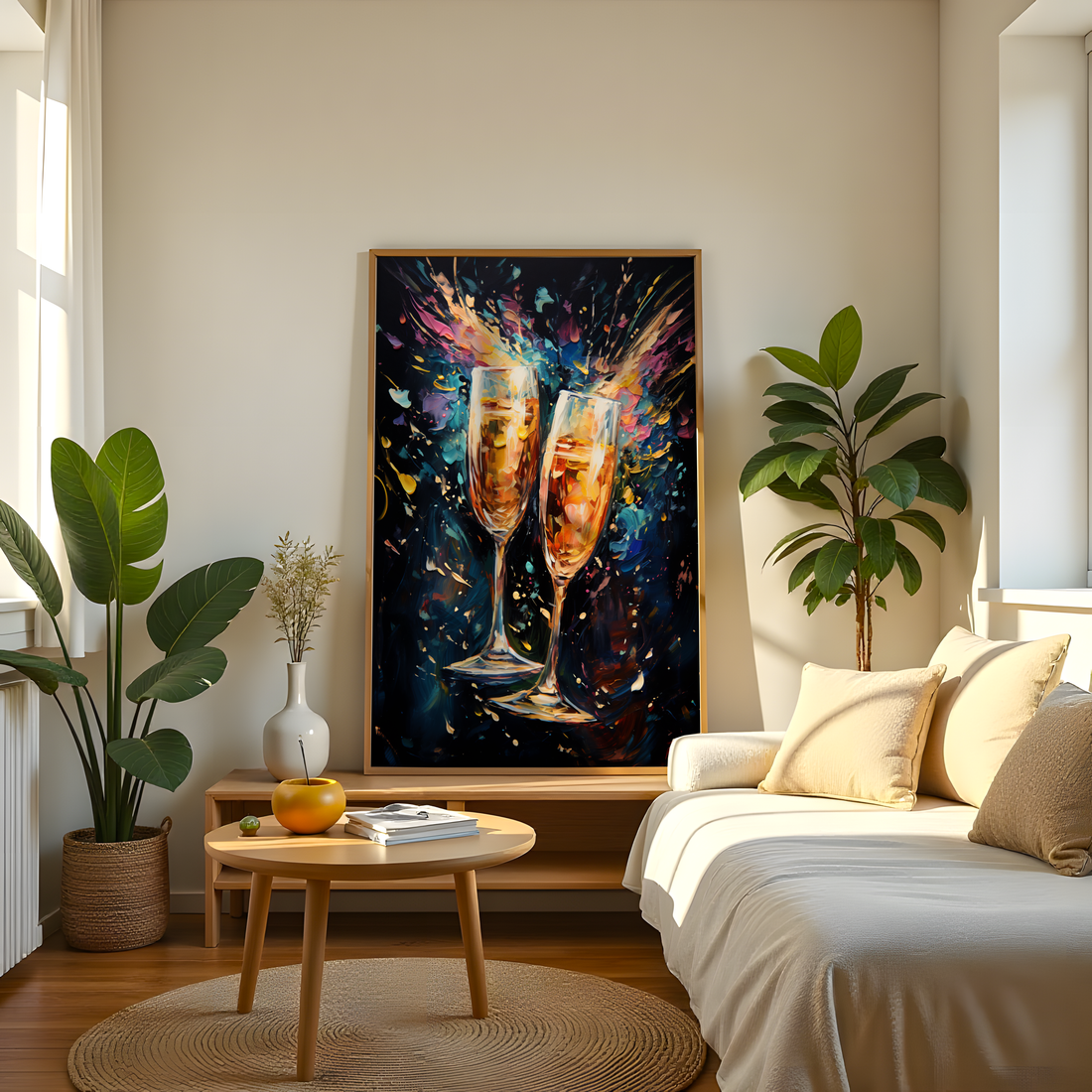 Celebration-themed champagne drink art on dark abstract background