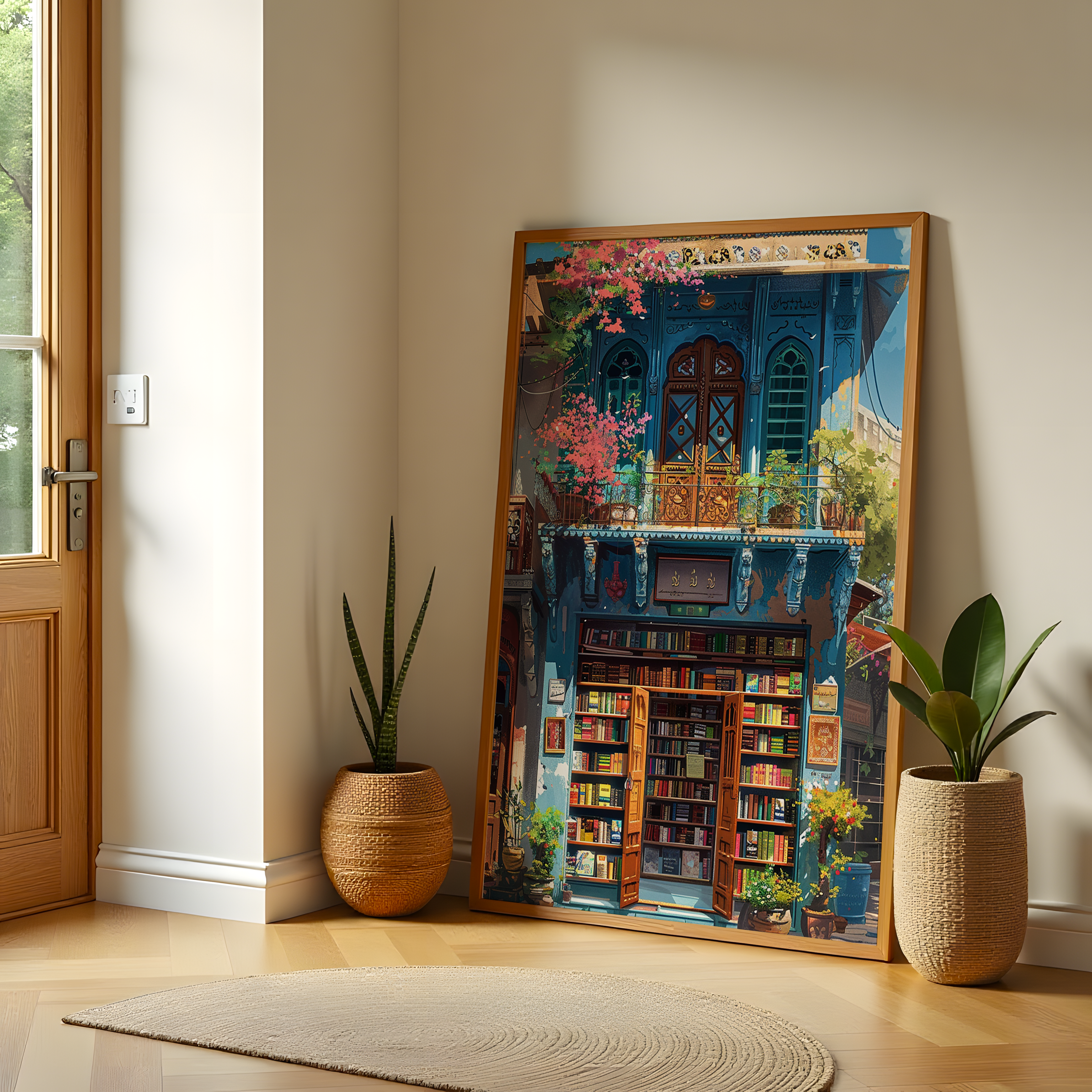 Cozy bookshop canvas print with plants and vintage architecture