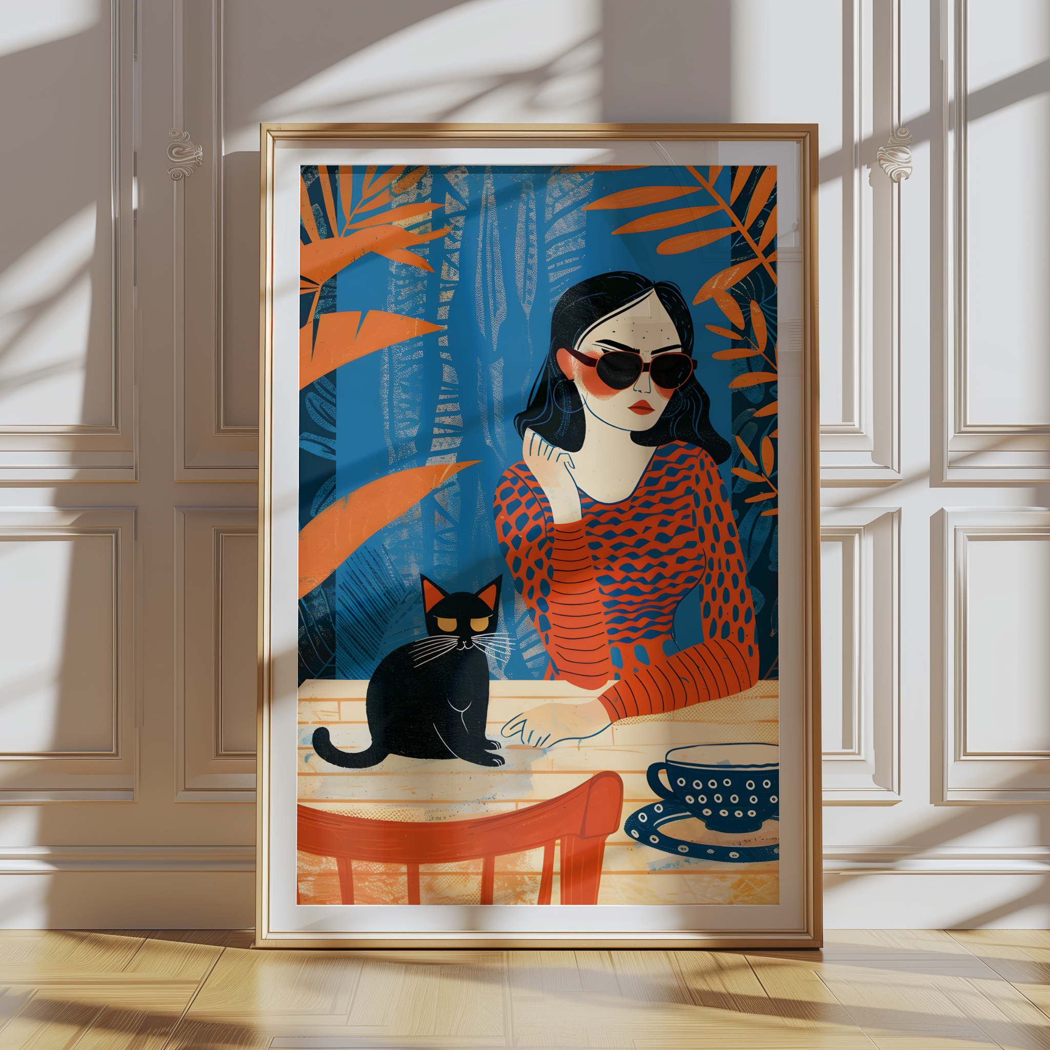 Illustrated wall print of a stylish woman in sunglasses with a black cat and coffee cup in bold colors