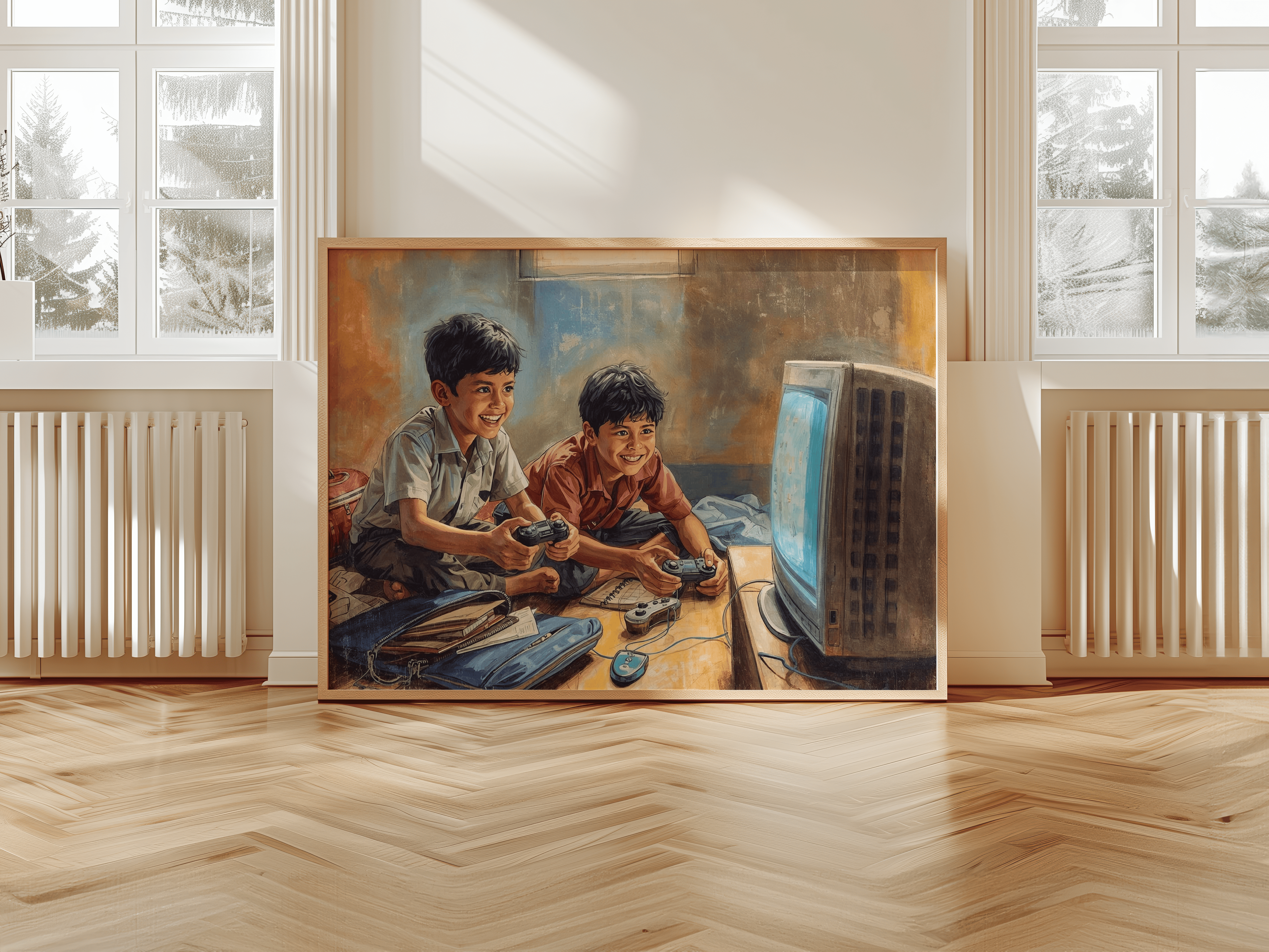 Childhood nostalgia canvas showing brothers gaming after school