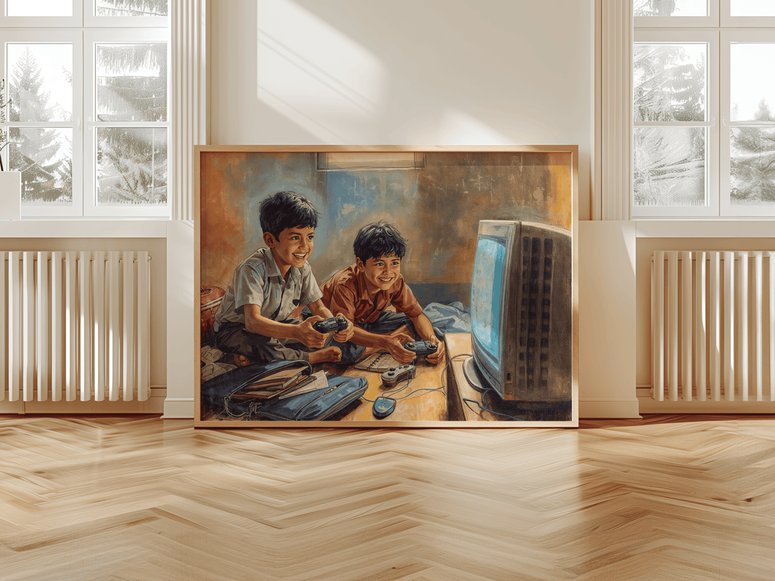Childhood nostalgia canvas showing brothers gaming after school