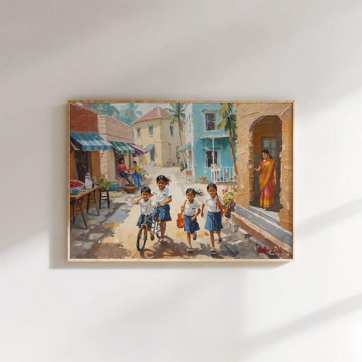 Ready-to-hang canvas wall art showing Indian children going to school
