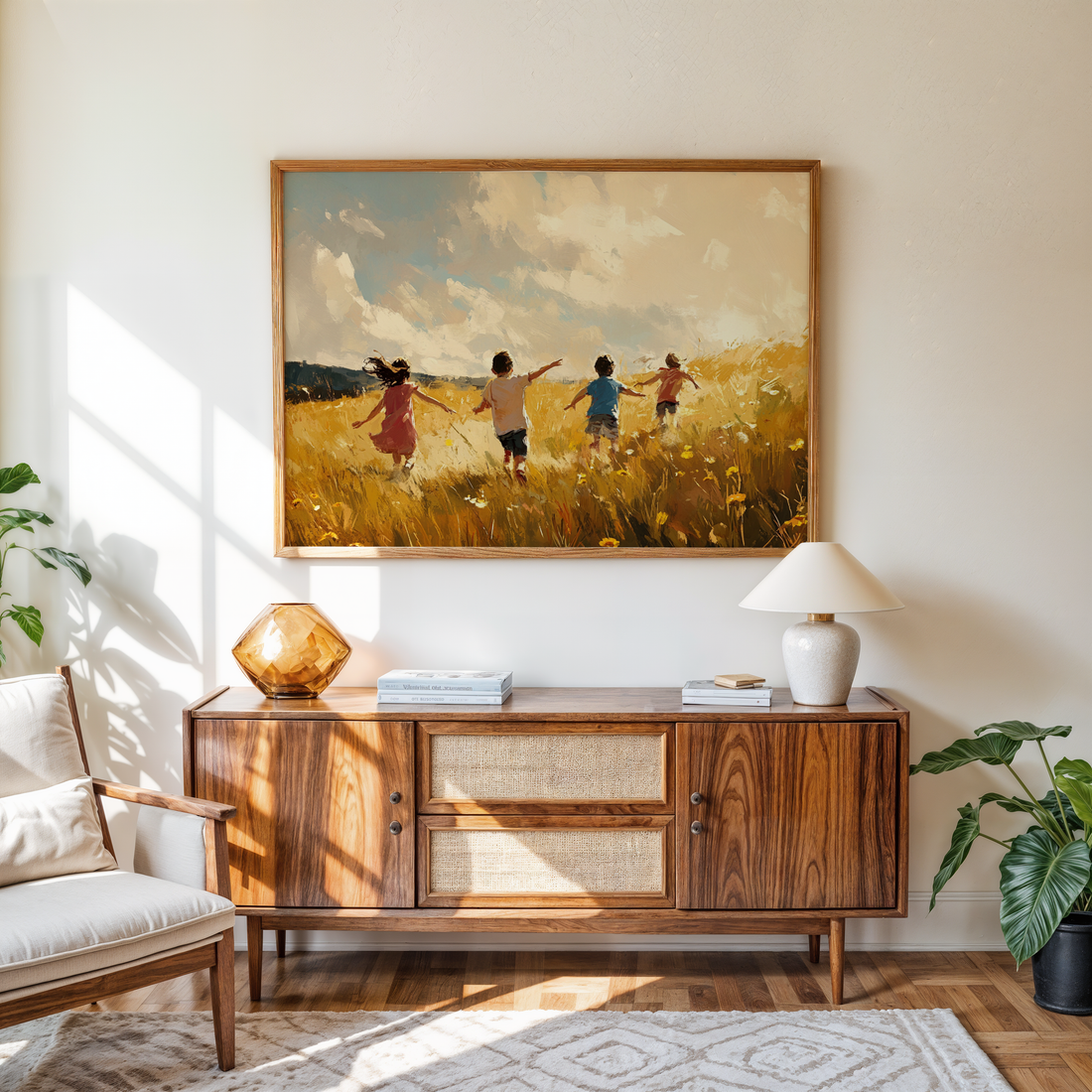 Joyful children playing in a sunlit field canvas print for nursery and playroom