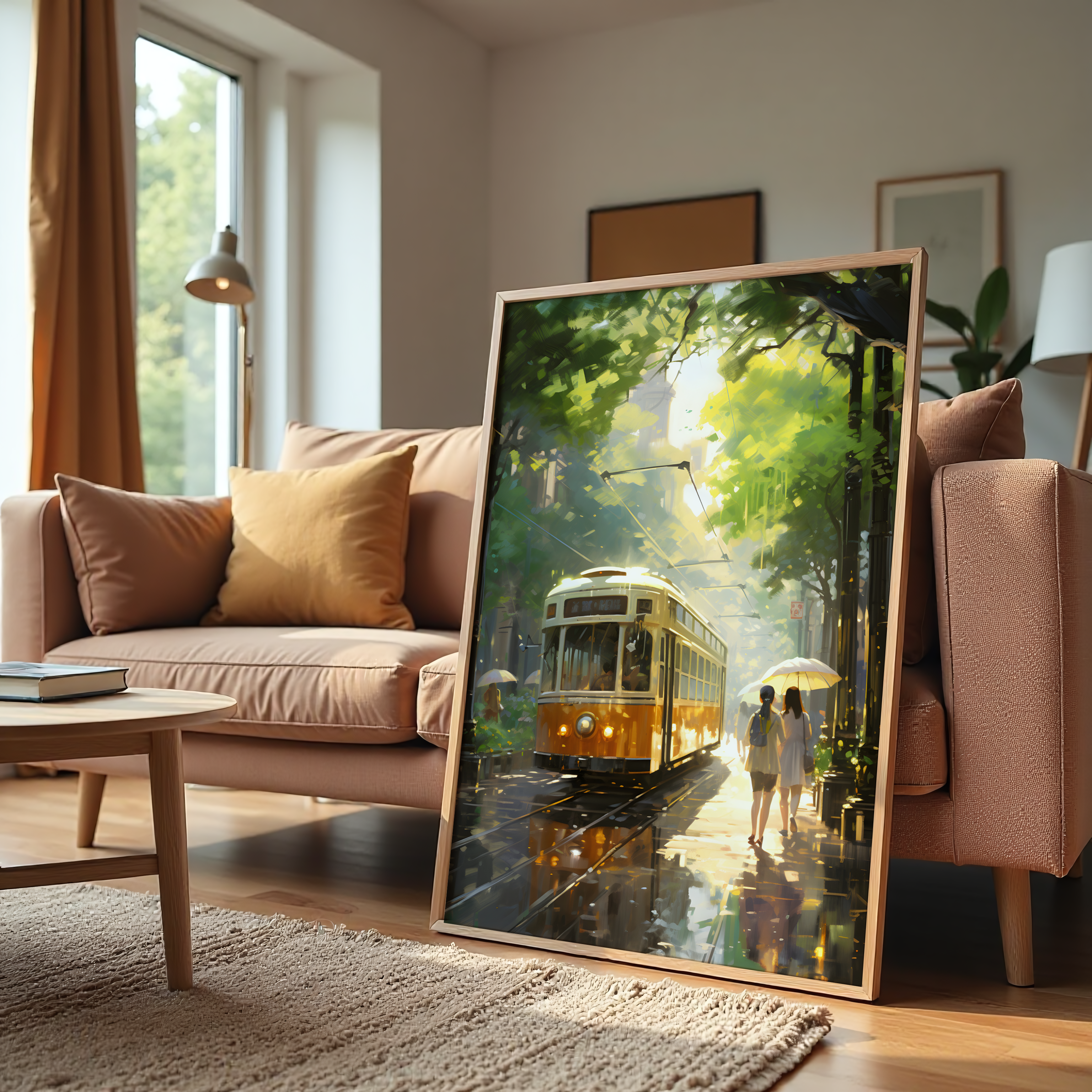 Nostalgic city tram painting with people walking