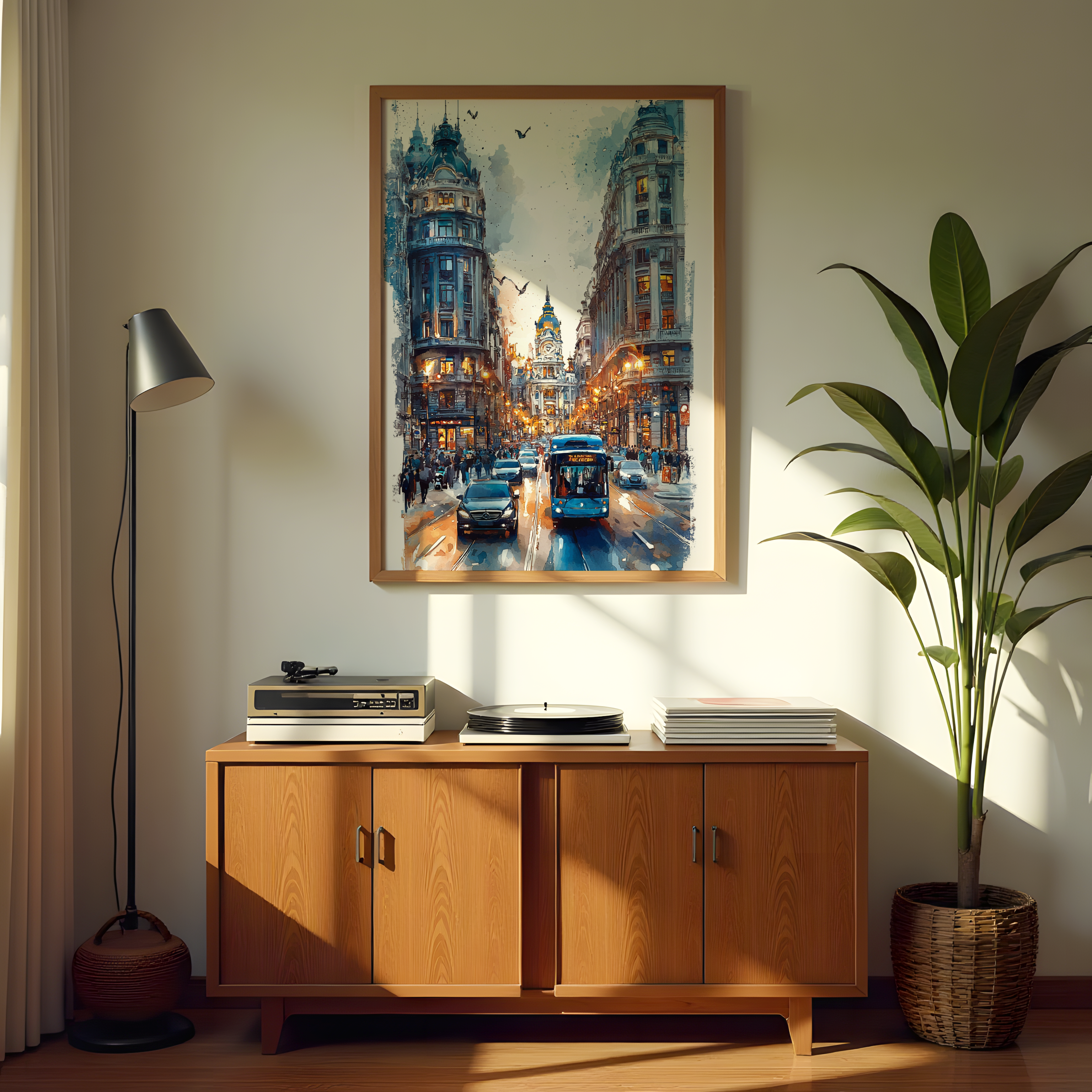 Cityscape canvas wall art featuring urban architecture and traffic