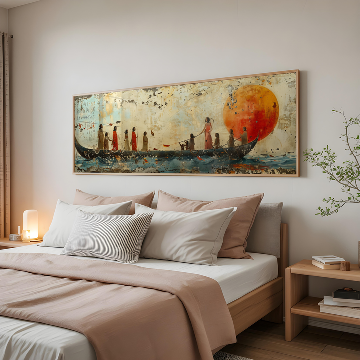 Mythological ancient river journey mural with textured vintage wall art appearance