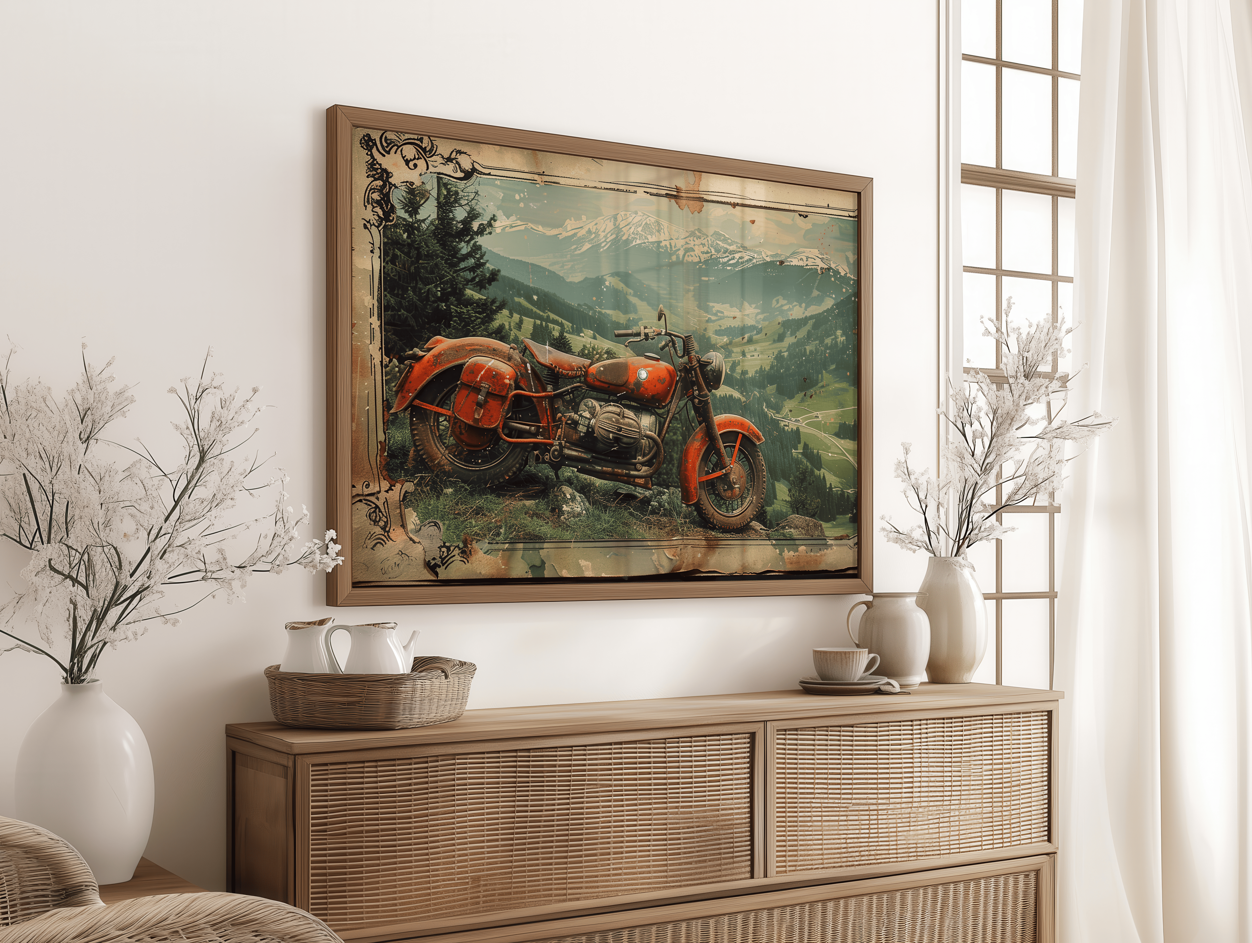 Classic bike travel poster style wall decor with rustic vintage motorcycle and mountains