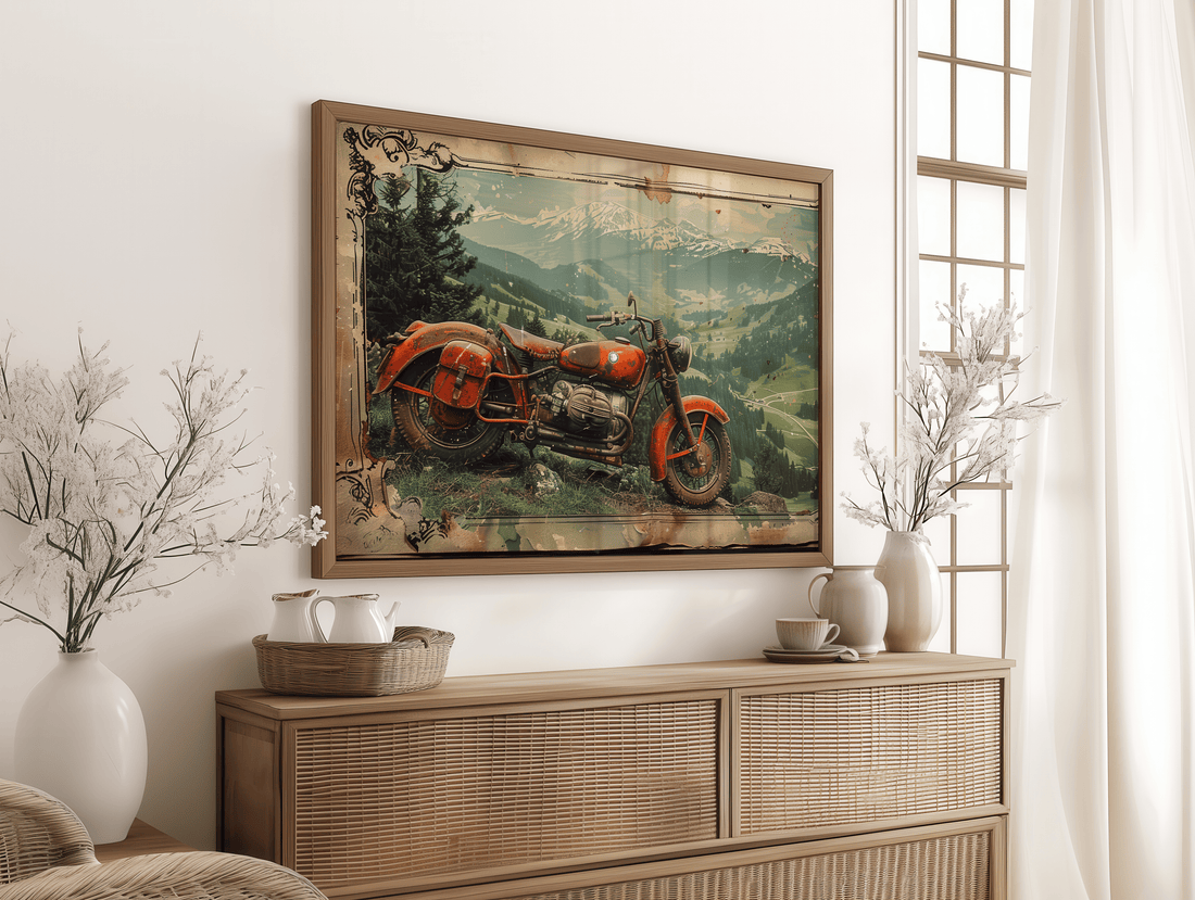 Classic bike travel poster style wall decor with rustic vintage motorcycle and mountains