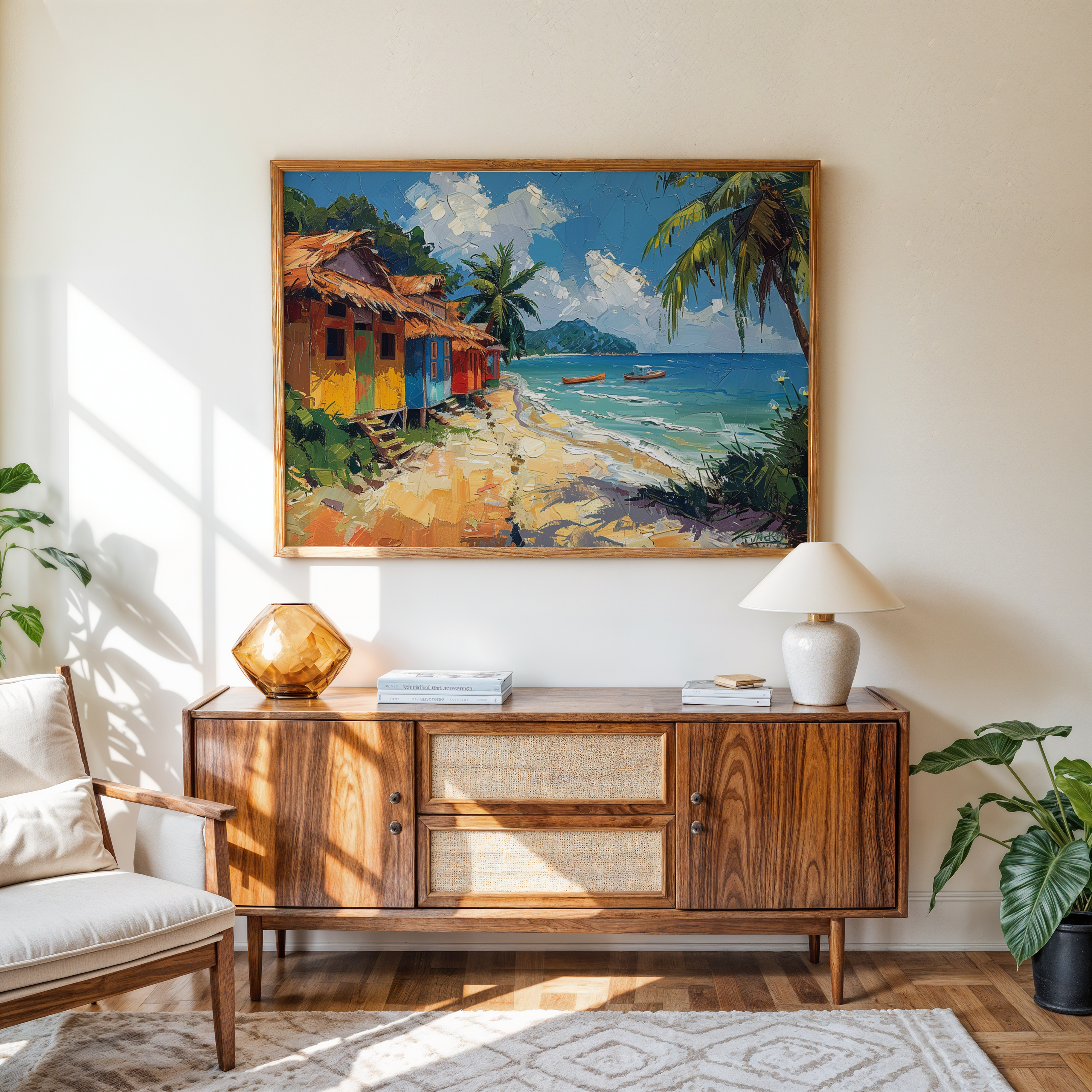 Coastal wall art with palm trees and seaside cottages