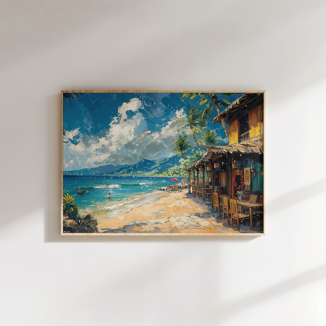 Coastal paradise canvas wall art showing turquoise sea, rustic huts, and palm-lined shore — perfect beach home décor from Ohhfo.