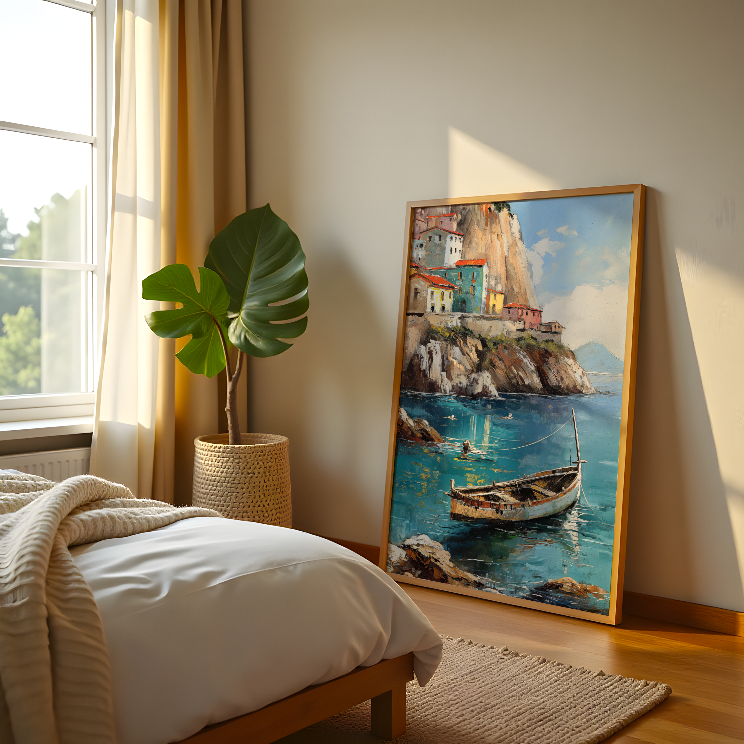 Coastal Serenity Abstract Wall Art Featuring Village, Boat, and Cliffs