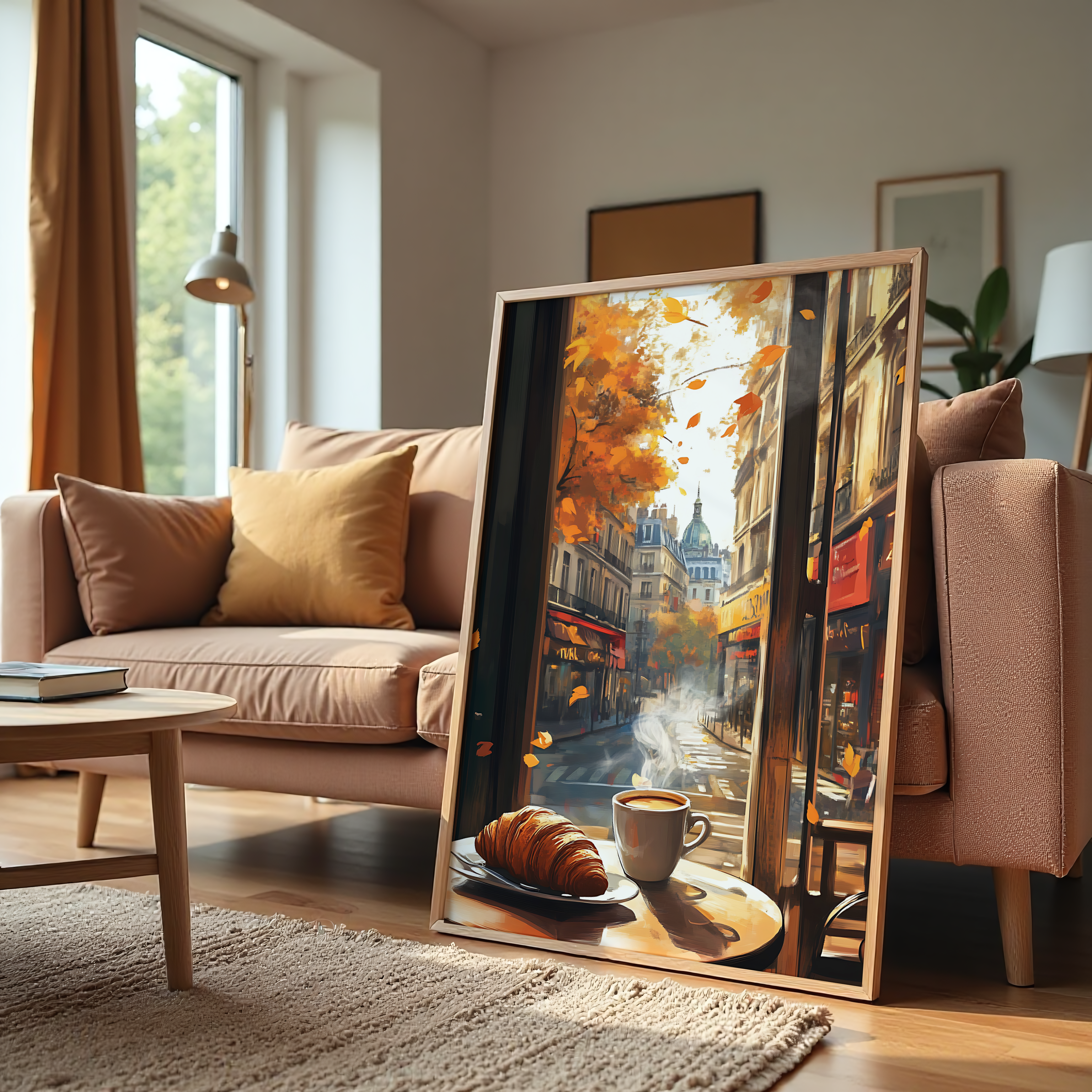 Paris café morning canvas wall art with coffee and croissant