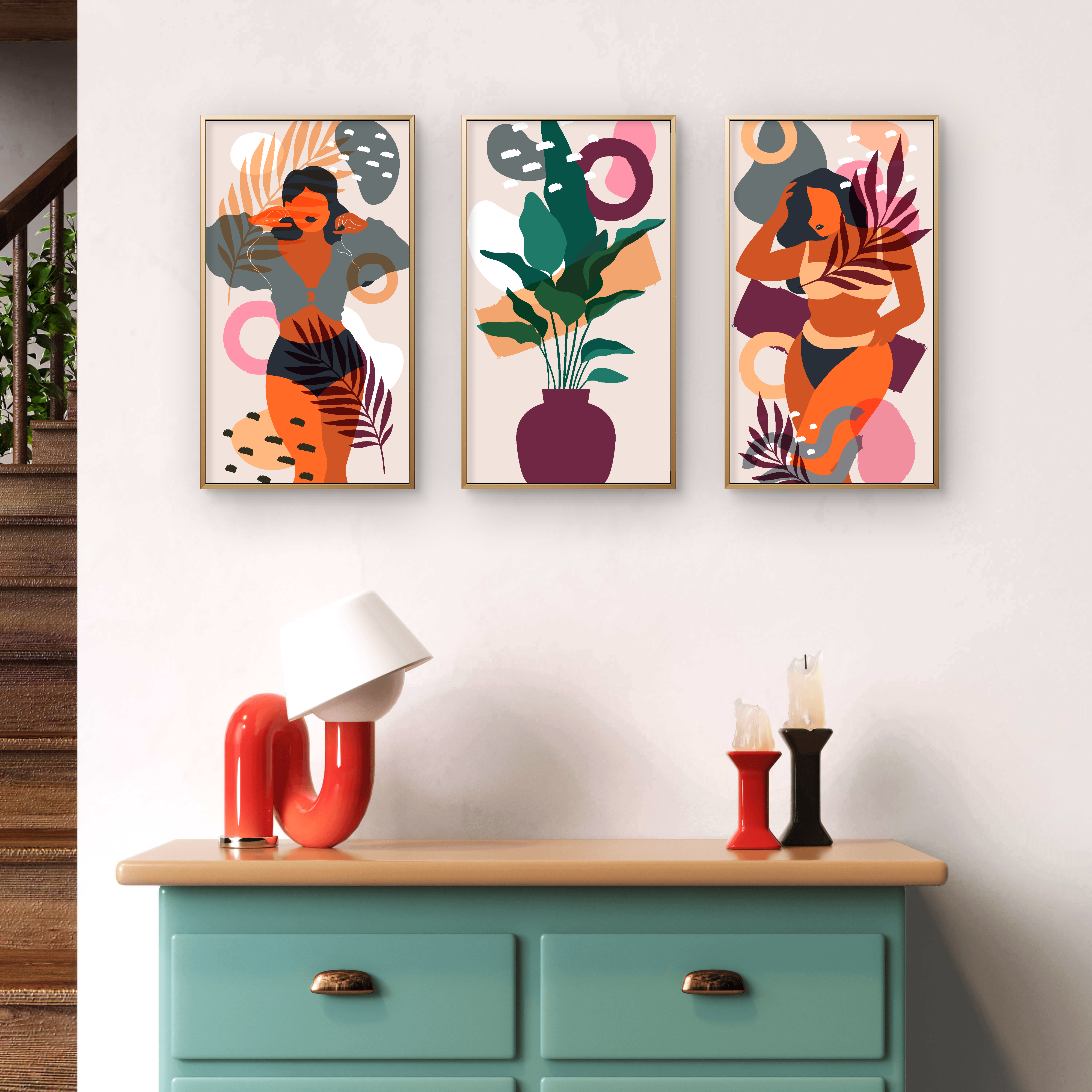 Confident abstract woman art in warm orange, pink, and purple with leaf accents