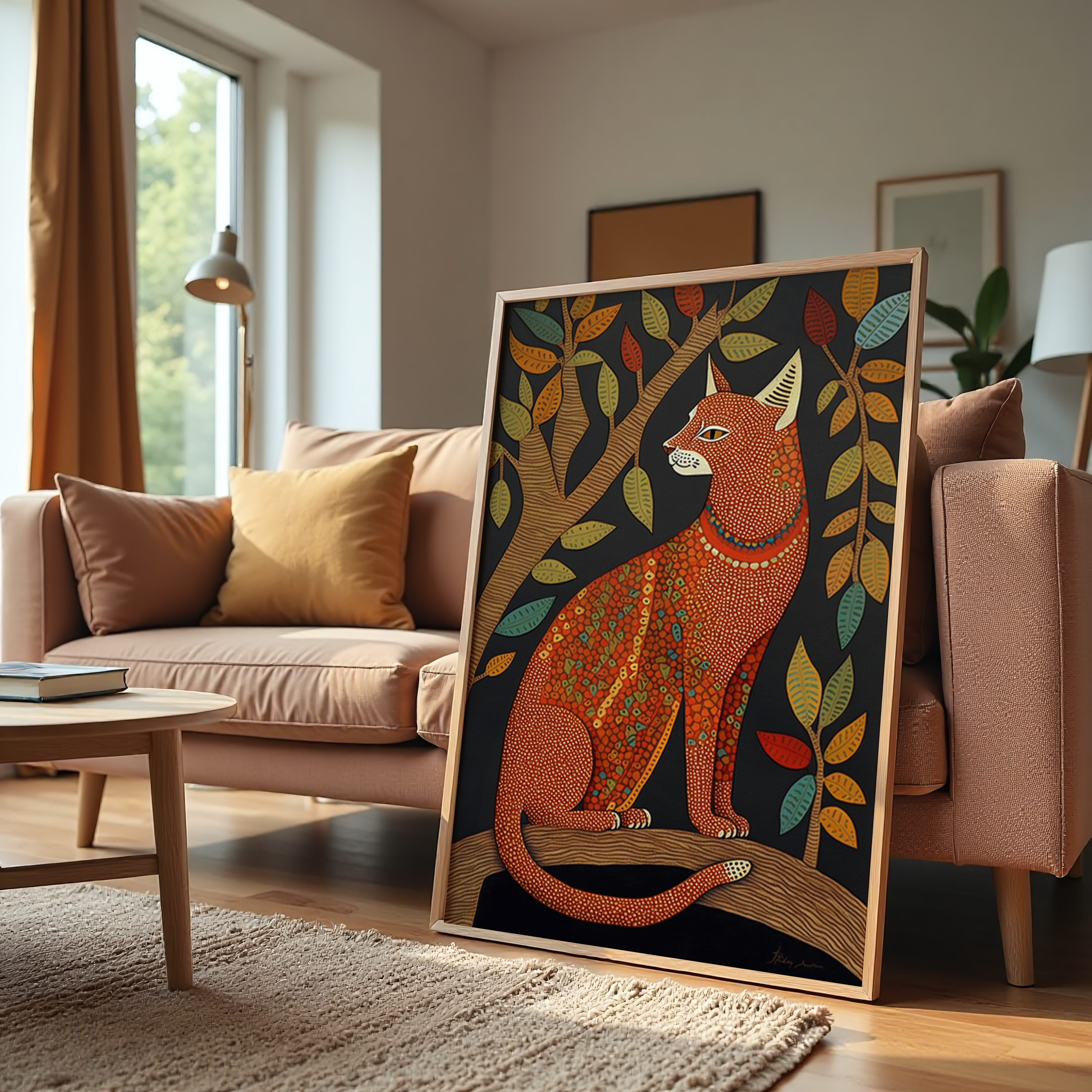 Folk art cat painting with tree and leaves