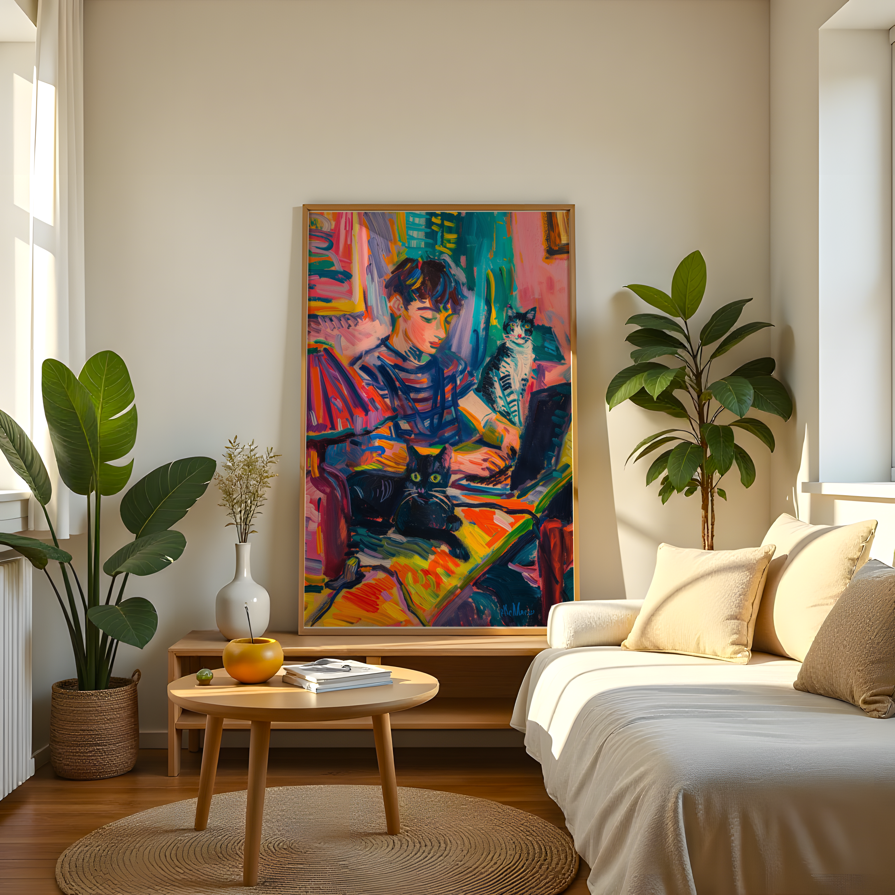 Vibrant brushstroke wall art featuring cats and a young man in expressive colors