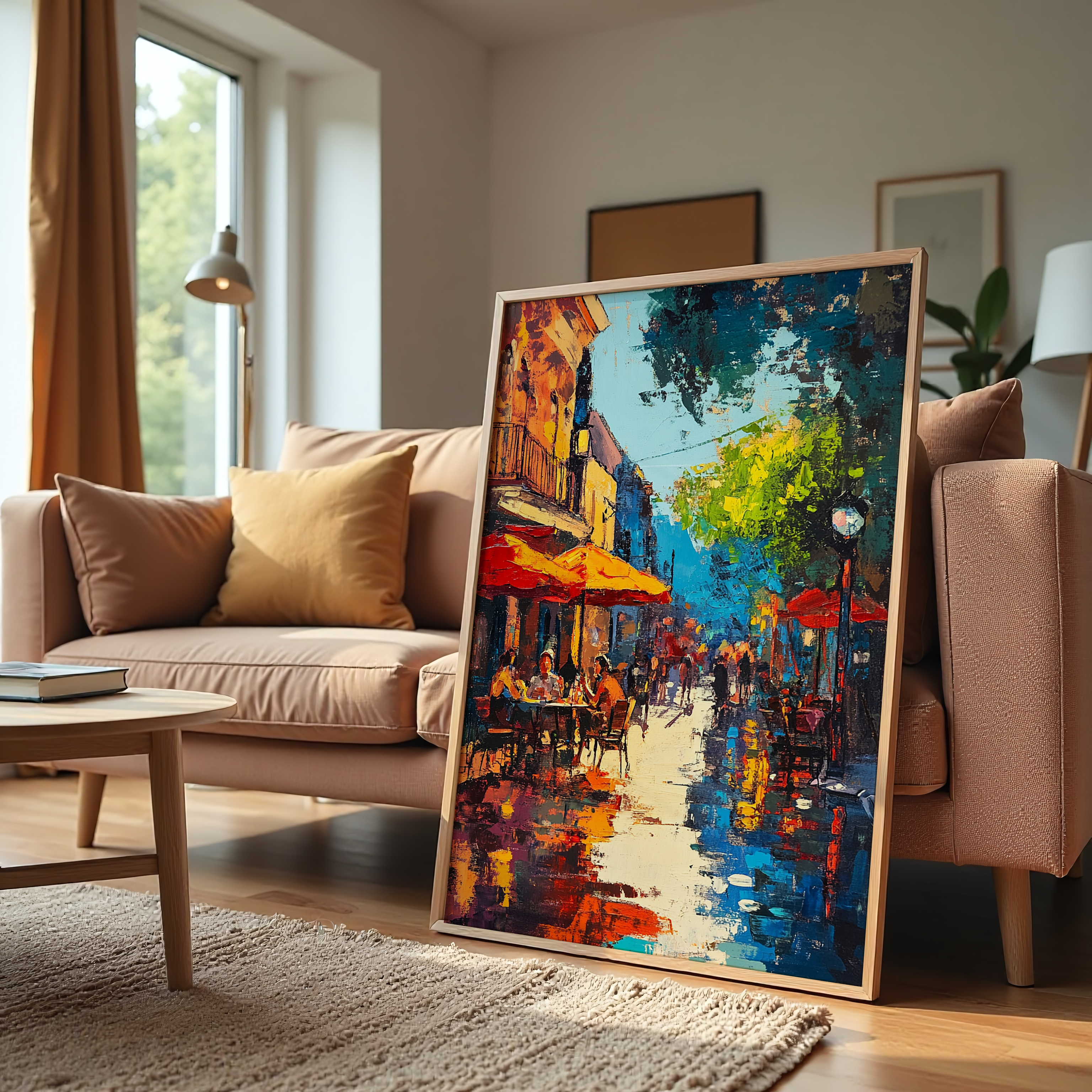 Colorful city painting with people dining outdoors