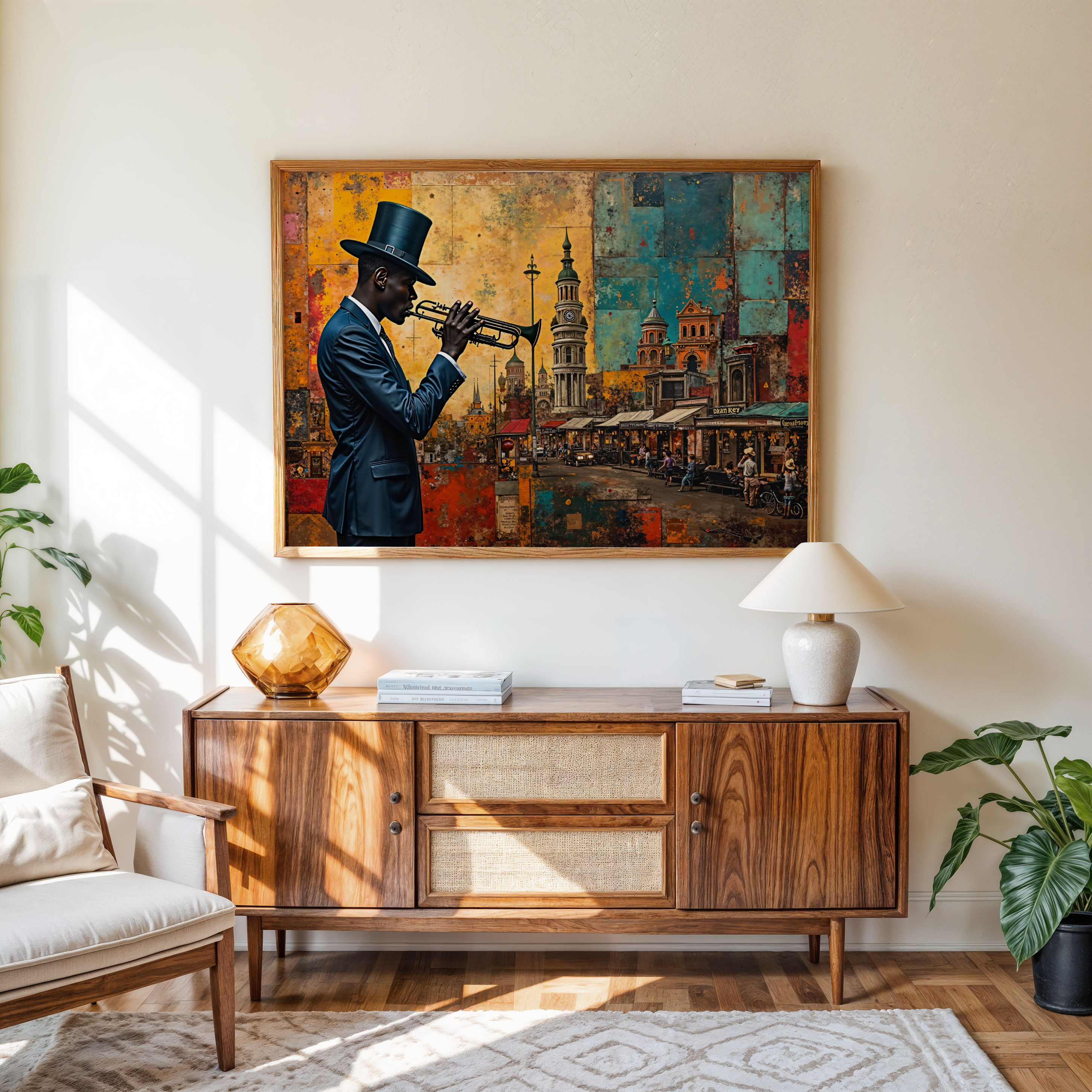 Living room with wooden sideboard, lamp, and painting of a musician playing a trumpet.