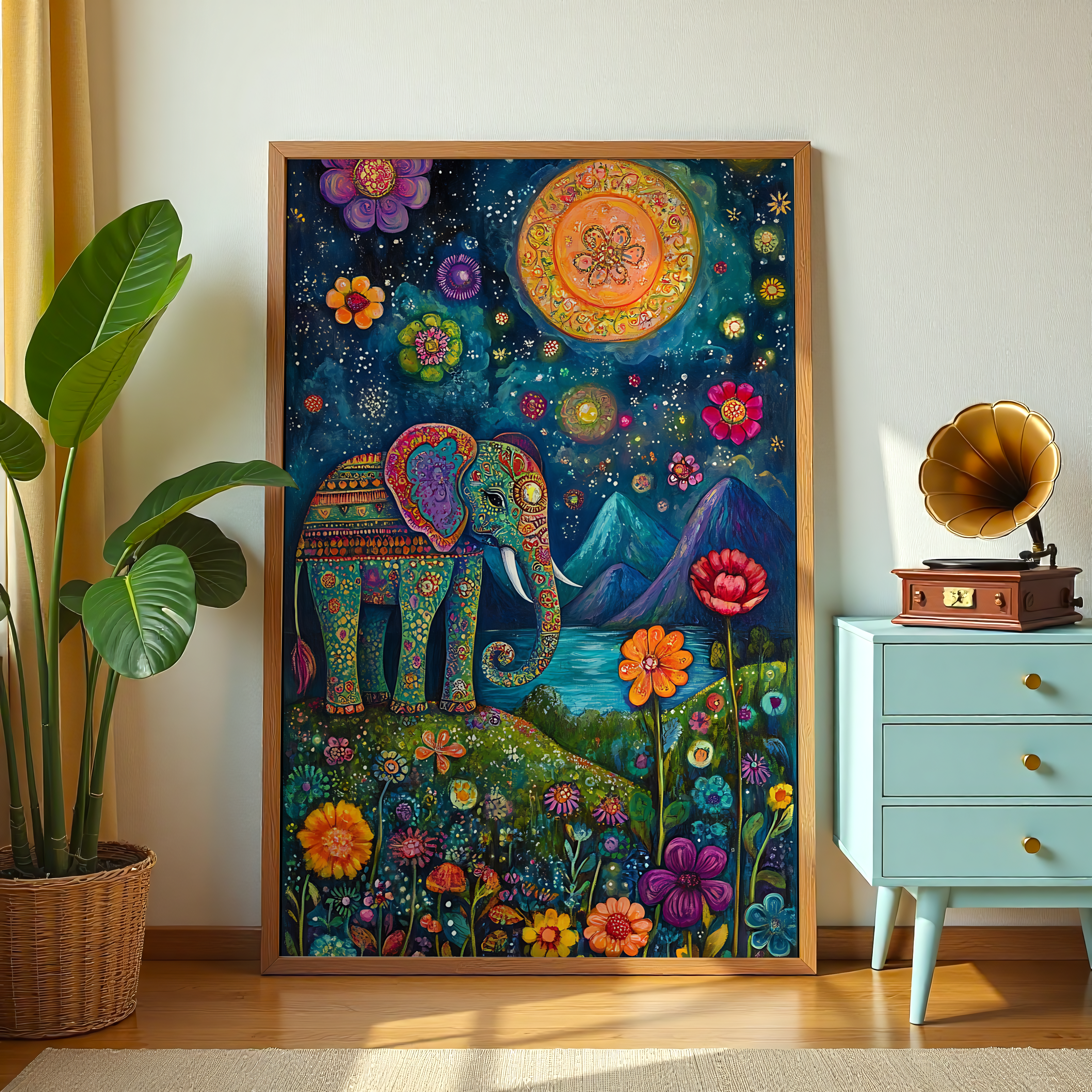 Colorful elephant canvas wall art with flowers