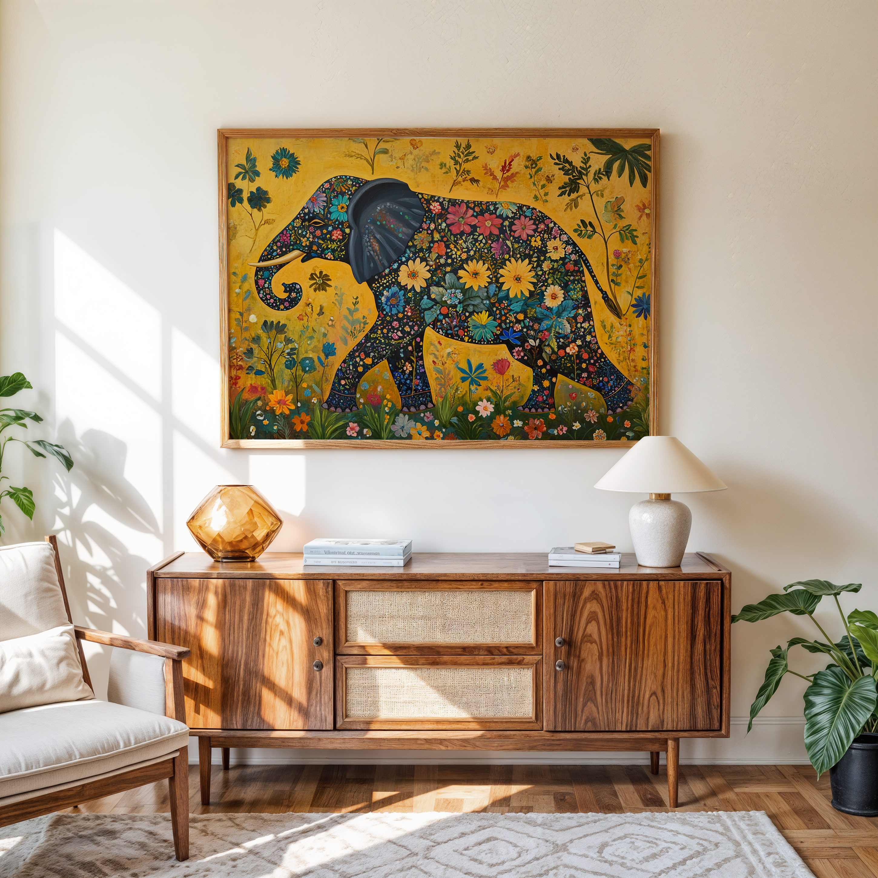 Majestic elephant painting decorated with flowers and golden background.