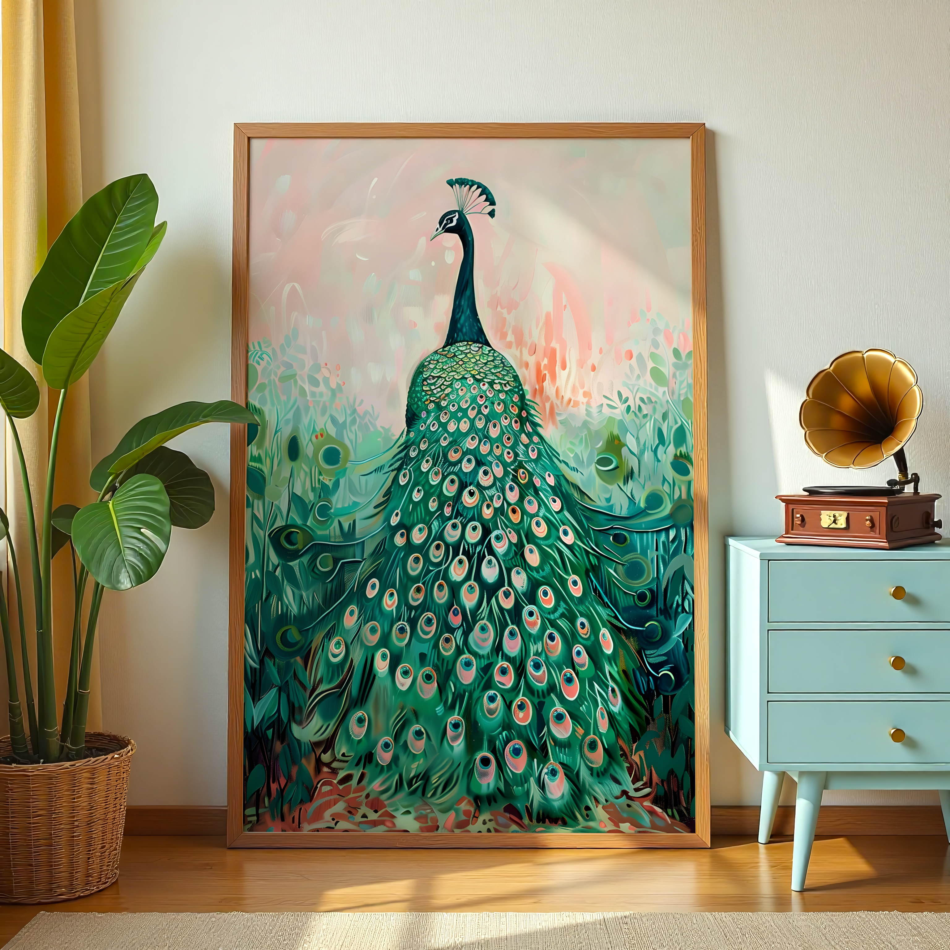 Colorful peacock canvas wall art for living room decor in India with premium finish