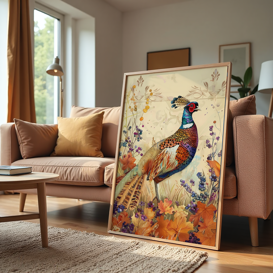 Nature-inspired pheasant painting with autumn leaves