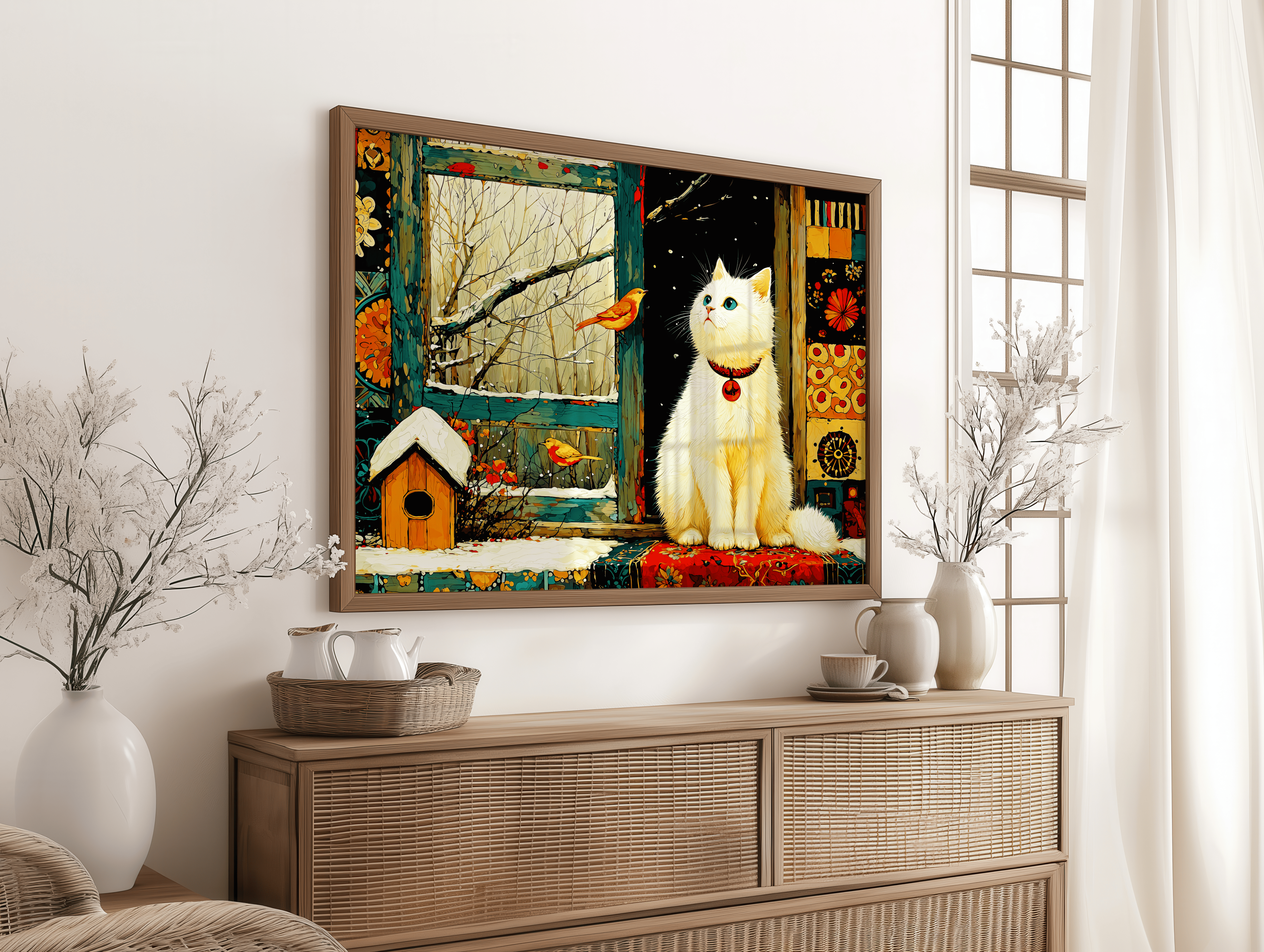 Framed artwork of a white dog sitting on a windowsill with autumn decorations in a room.