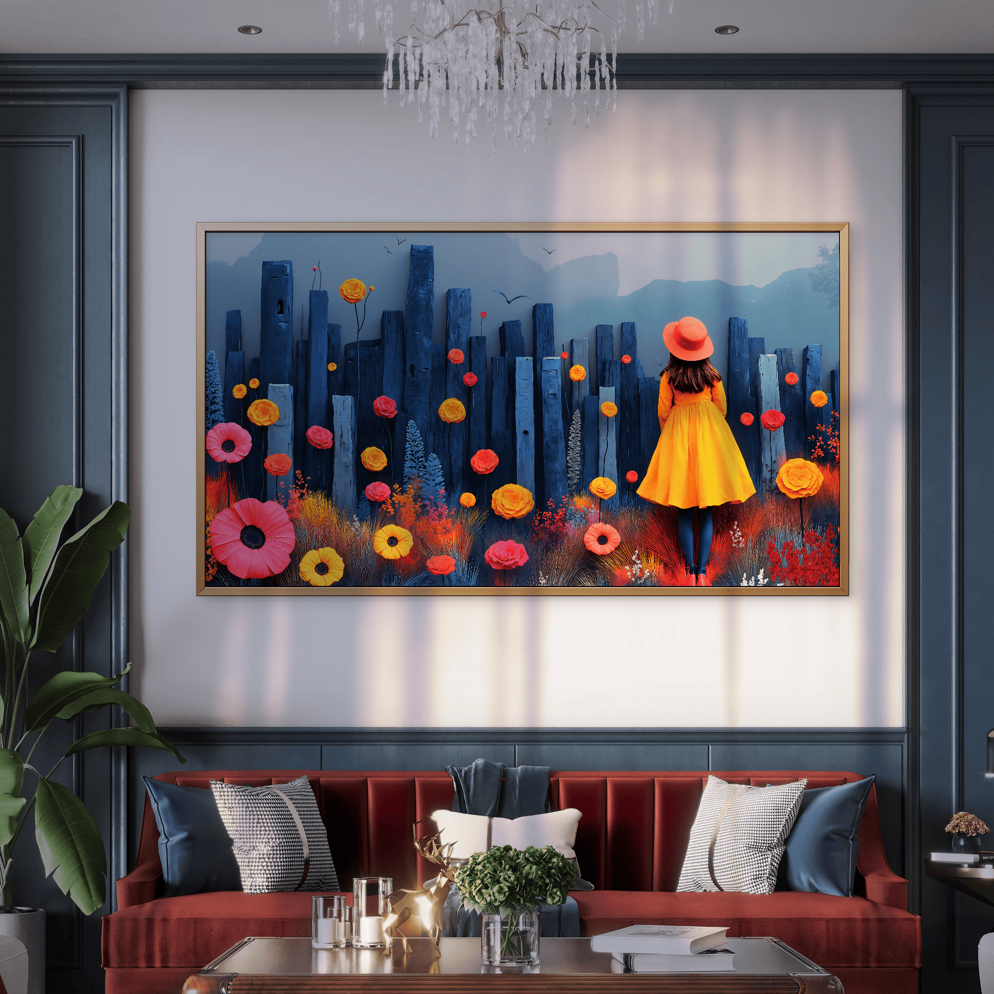 Dream in Bloom – Surreal Girl & Flower Field Canvas Art
