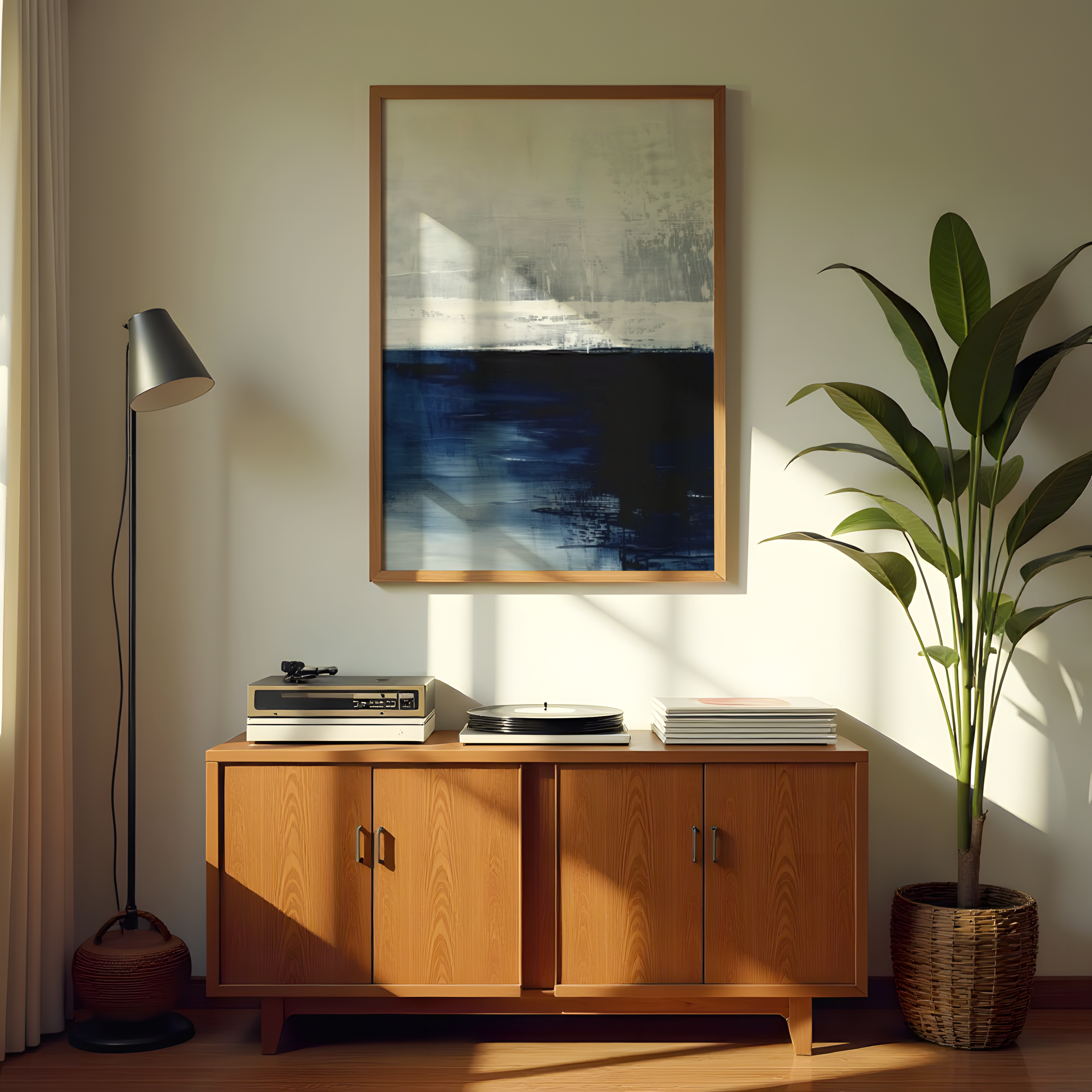 Contemporary blue and white abstract wall art on premium canvas