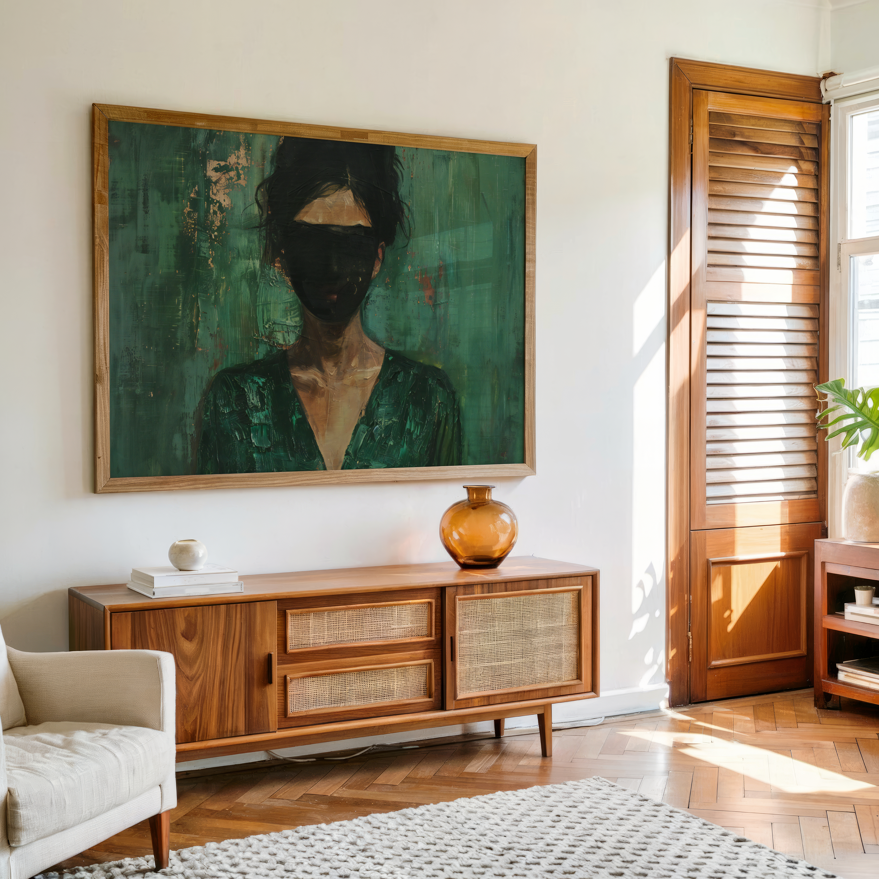 Abstract portrait painting of a woman in a green dress with dark concealed face, canvas wall art