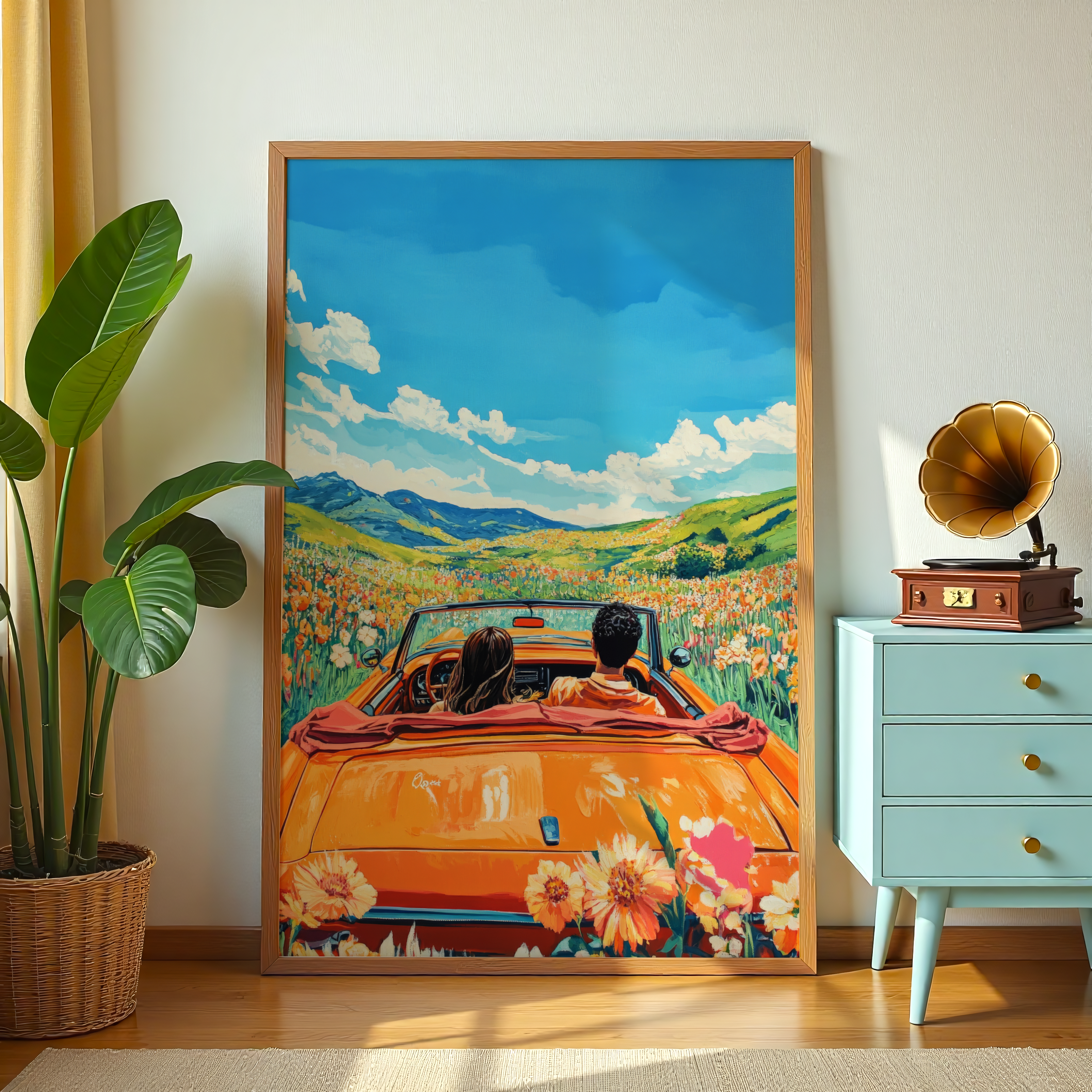 Adventure couple driving canvas painting with frame