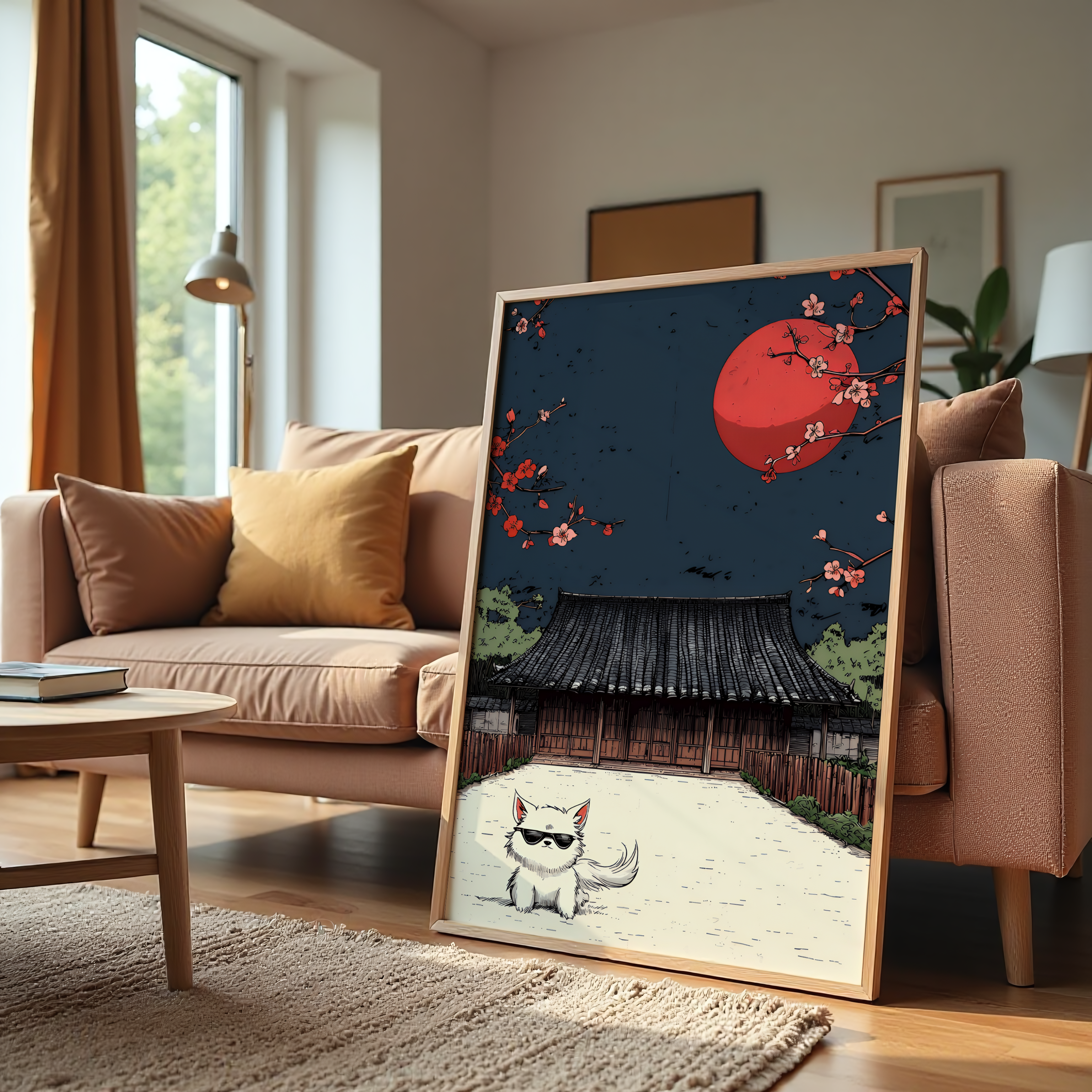 Cool cat canvas wall art in front of Japanese house