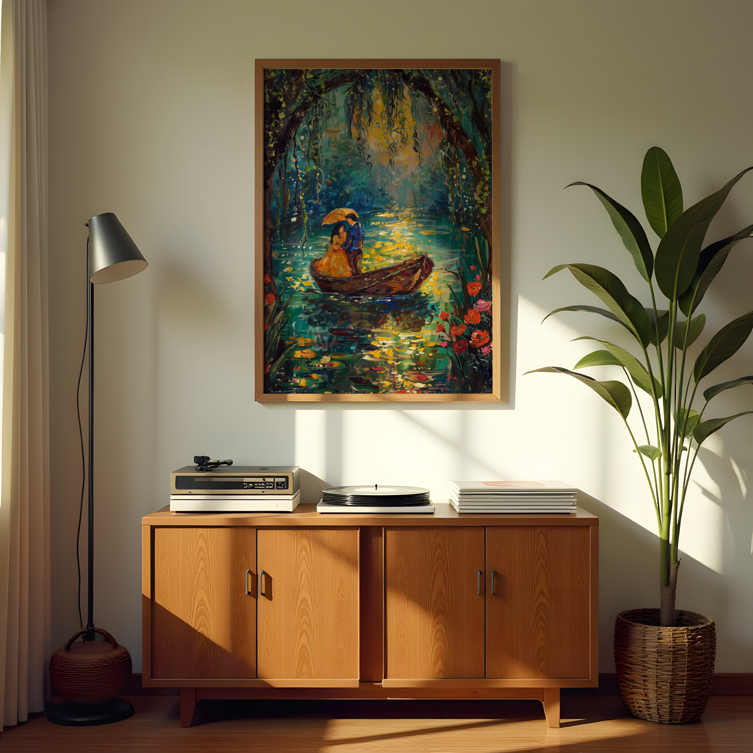 Room interior with wooden cabinet, lamp, and painting of a woman in a boat.