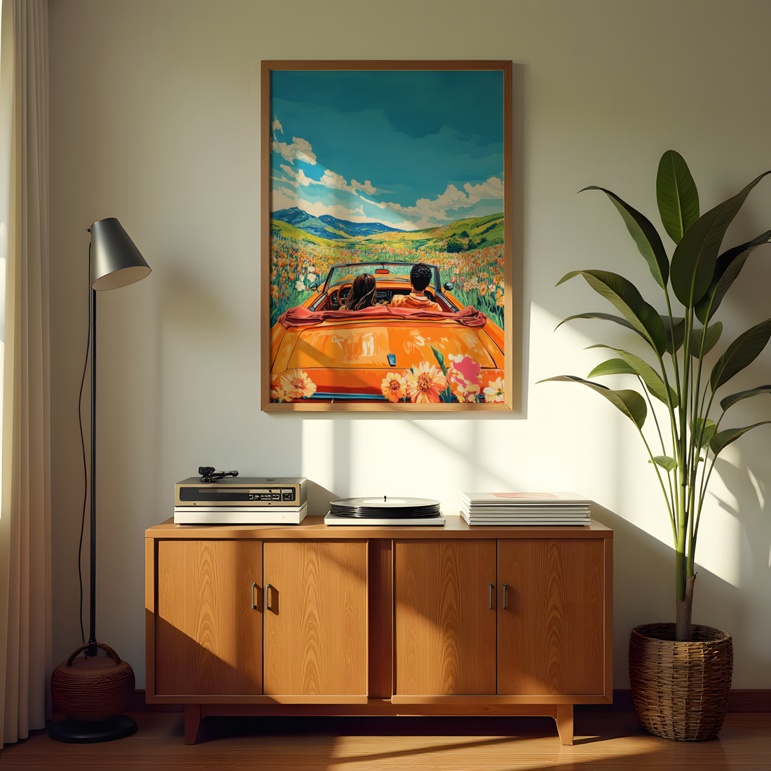 Romantic travel wall décor with convertible car and blue sky