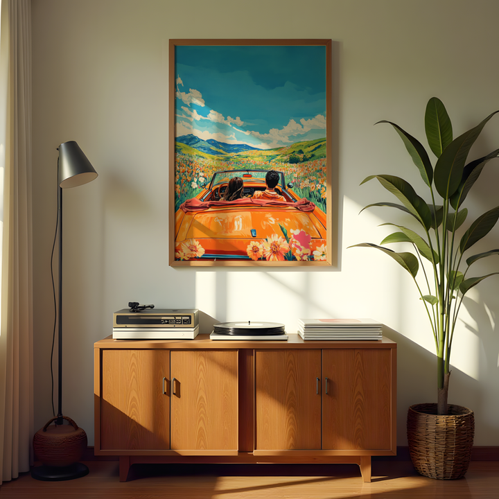 Romantic travel wall décor with convertible car and blue sky