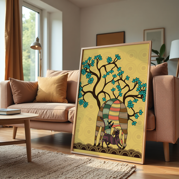 Cow and calf Indian folk art canvas wall painting symbolising love and prosperity